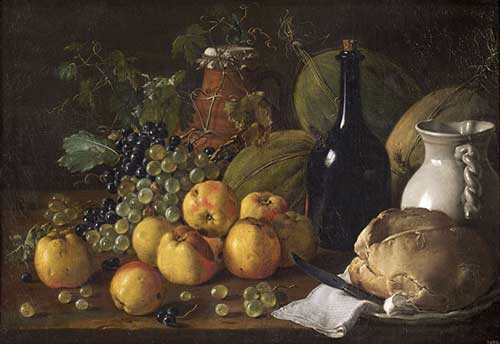 Luis Egidio Meléndez. Still Life with Apples, Grapes, Melons, Bread, Jug and Bottle, c. 1771