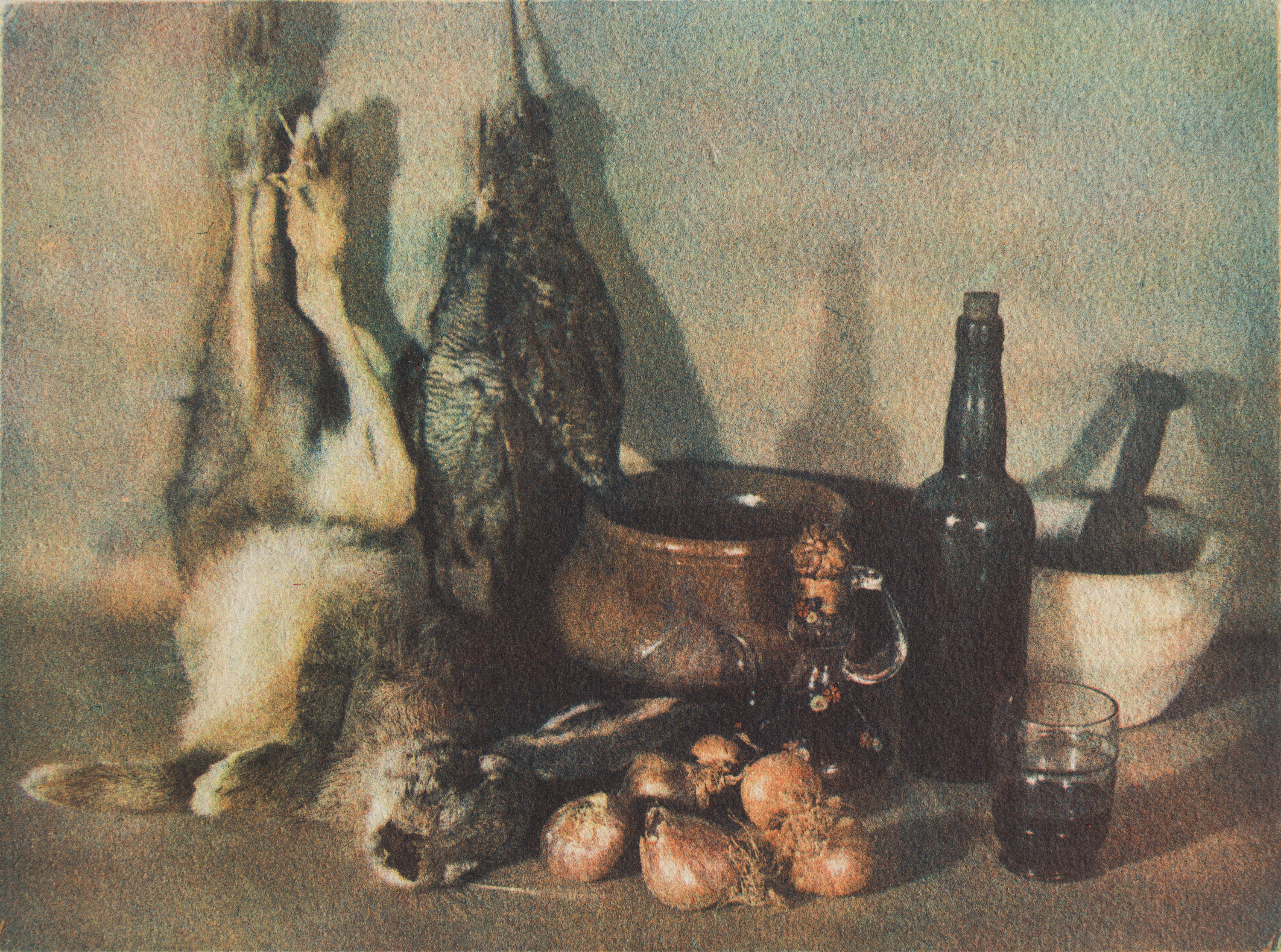 image for: Josep Maria Casals i Ariet - Natura morta amb conill, au, alls i ampolla de vi - Cap a 1930-1950