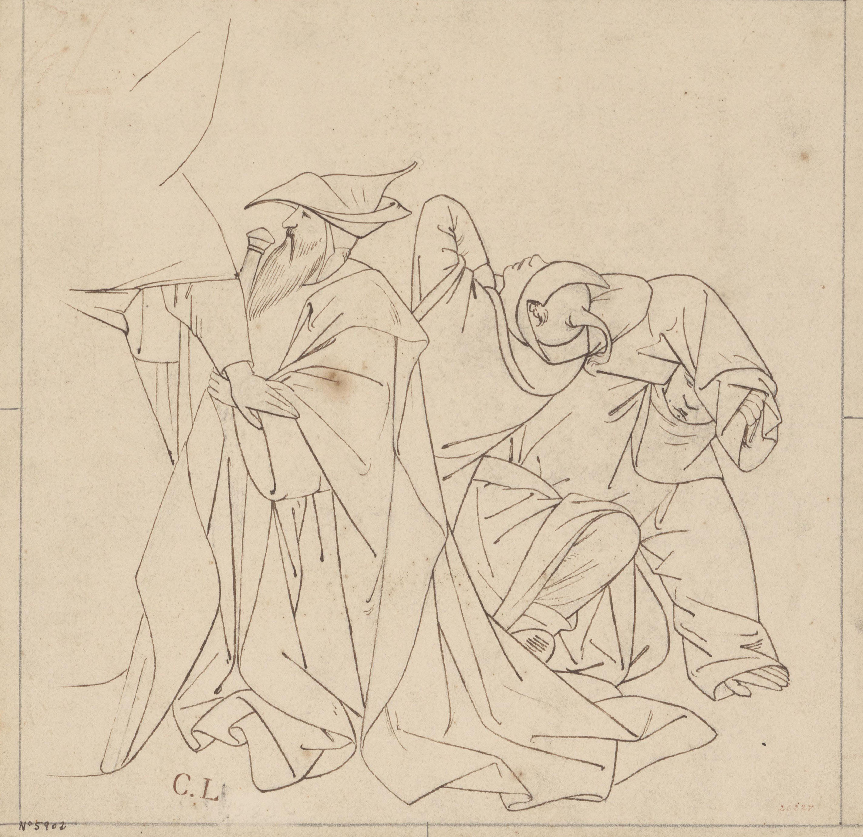 image for: Claudi Lorenzale - Tres homes vestits amb capa i barret - Cap a 1840-1850