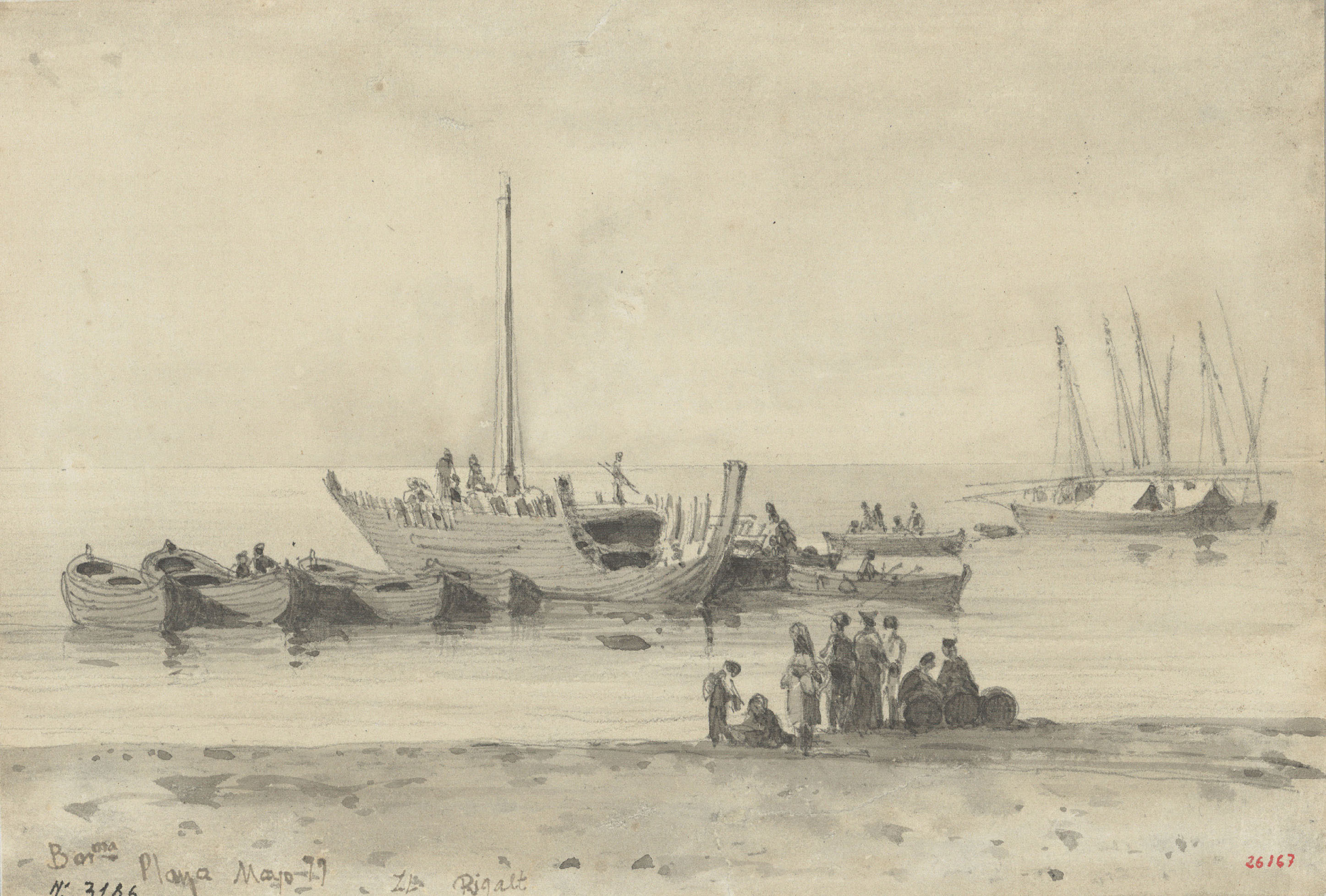 Lluís Rigalt - Gent i barques a la platja de Barcelona - Maig de 1877 image for: Lluís Rigalt - Gent i barques a la platja de Barcelona - Maig de 1877