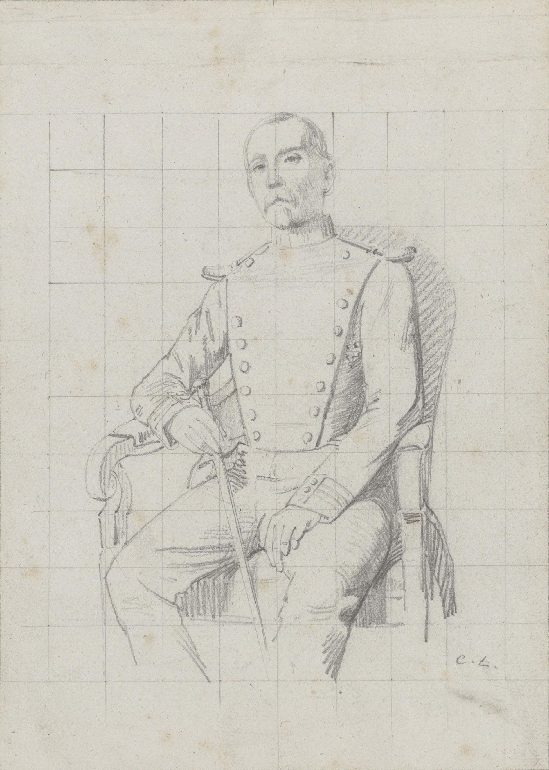 image for: Claudi Lorenzale - Retrat de militar (anvers) / Croquis d'element arquitectònic (revers) - Cap a 1860-1880