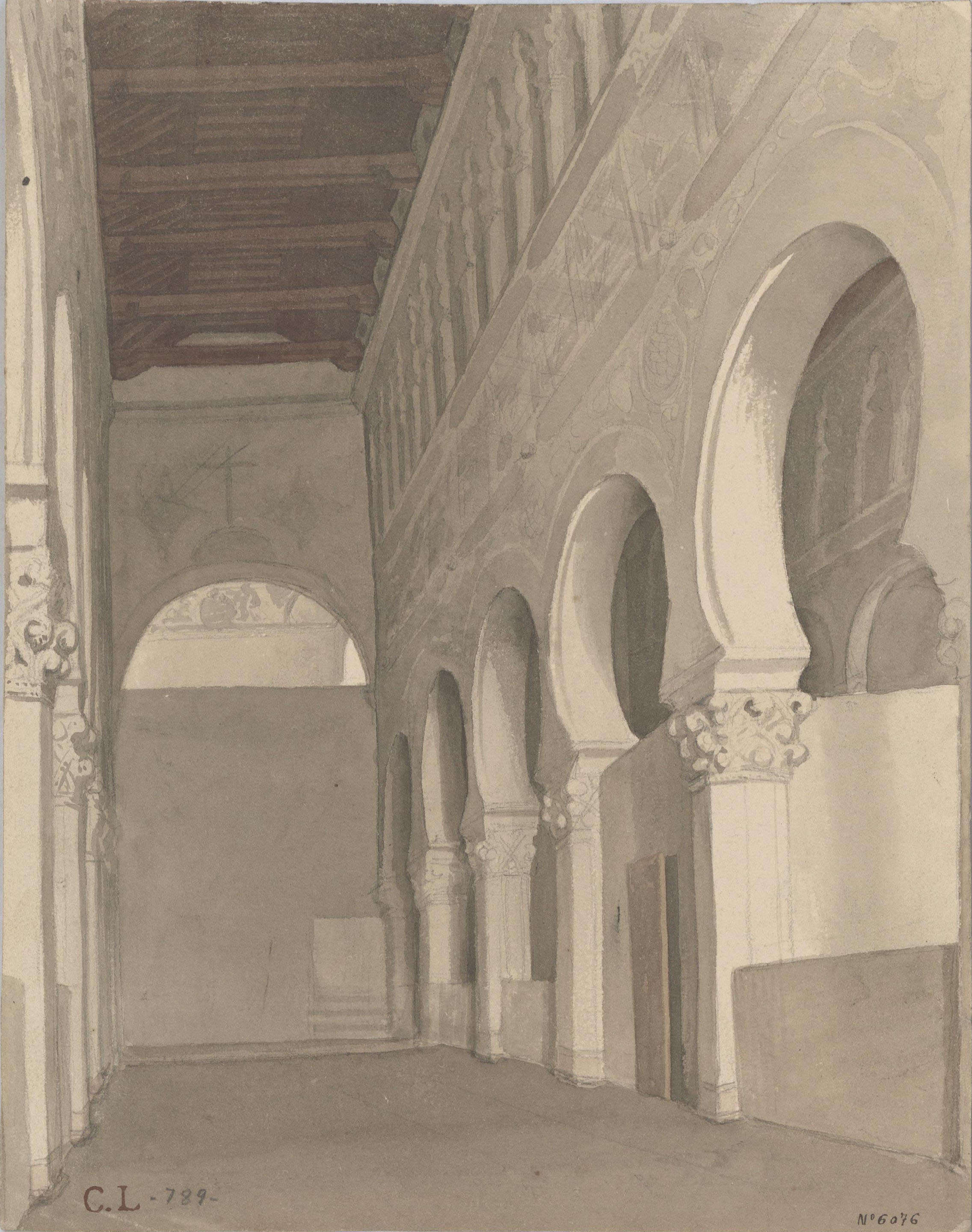 image for: Claudi Lorenzale - Santa Maria la Blanca a Toledo [?] (anvers) / Croquis de Santa Maria la Blanca a Toledo [?] (revers) - Cap a 1845