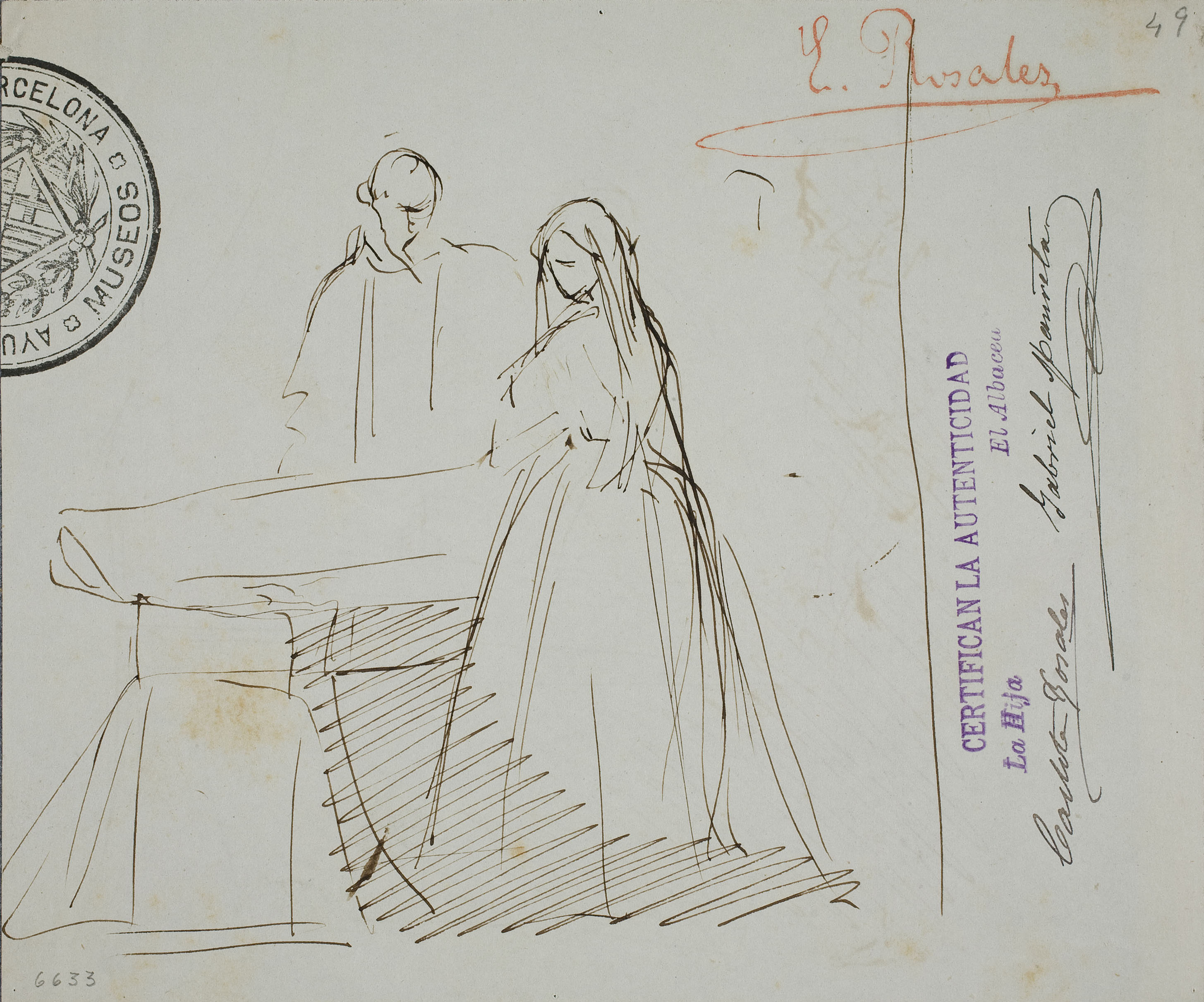 image for: Eduardo Rosales - Apunt de Joana I de Castella davant del taüt de Felip el Bell (anvers) / Apunt de Joana I de Castella davant del taüt de Felip el Bell (revers) - Cap a 1860