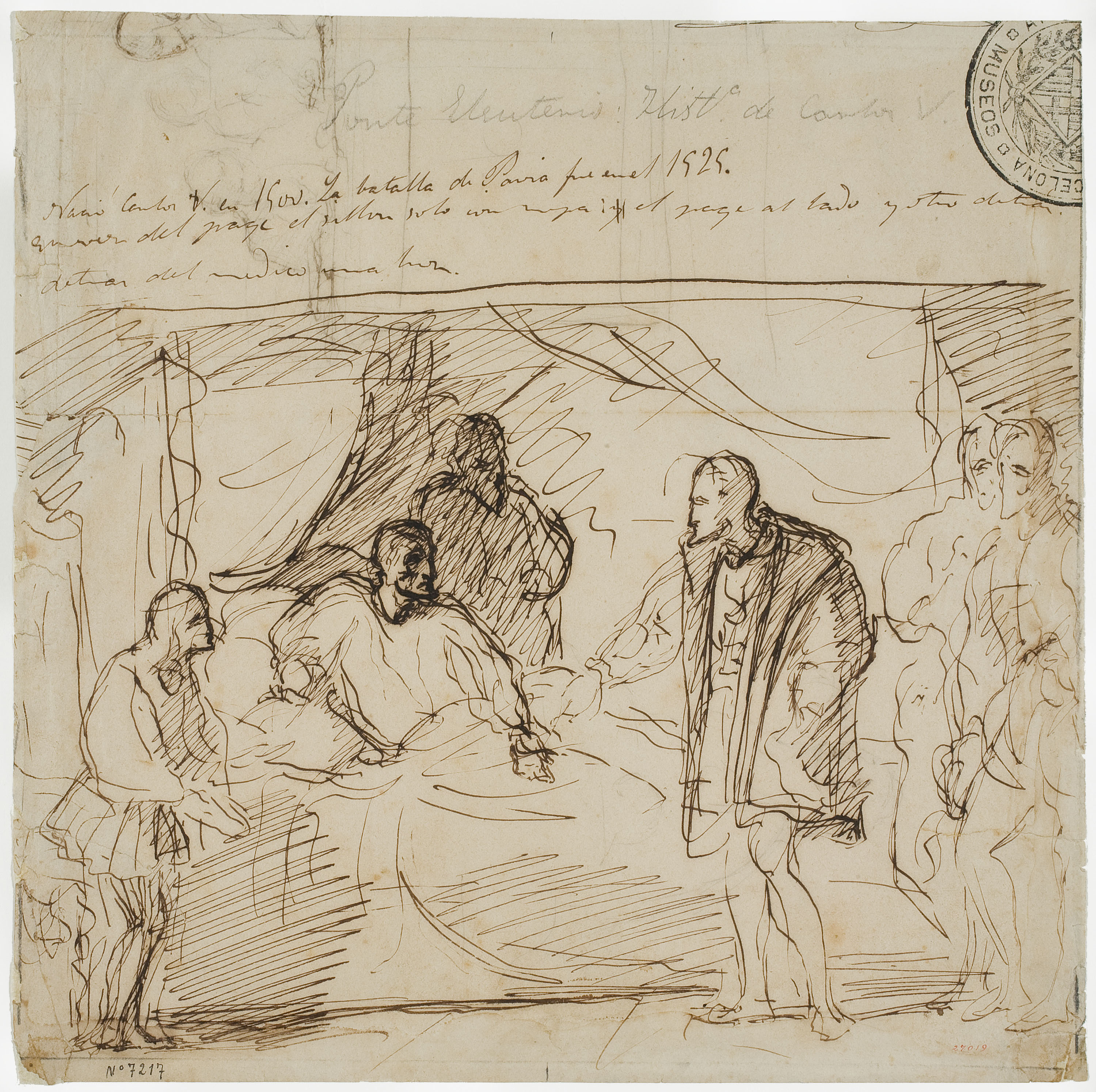 image for: Eduardo Rosales - Estudi per al quadre «Visita de Carles V a Francesc I a la Torre de los Lujanes» (anvers) / Croquis de figures (revers) - Cap a 1860
