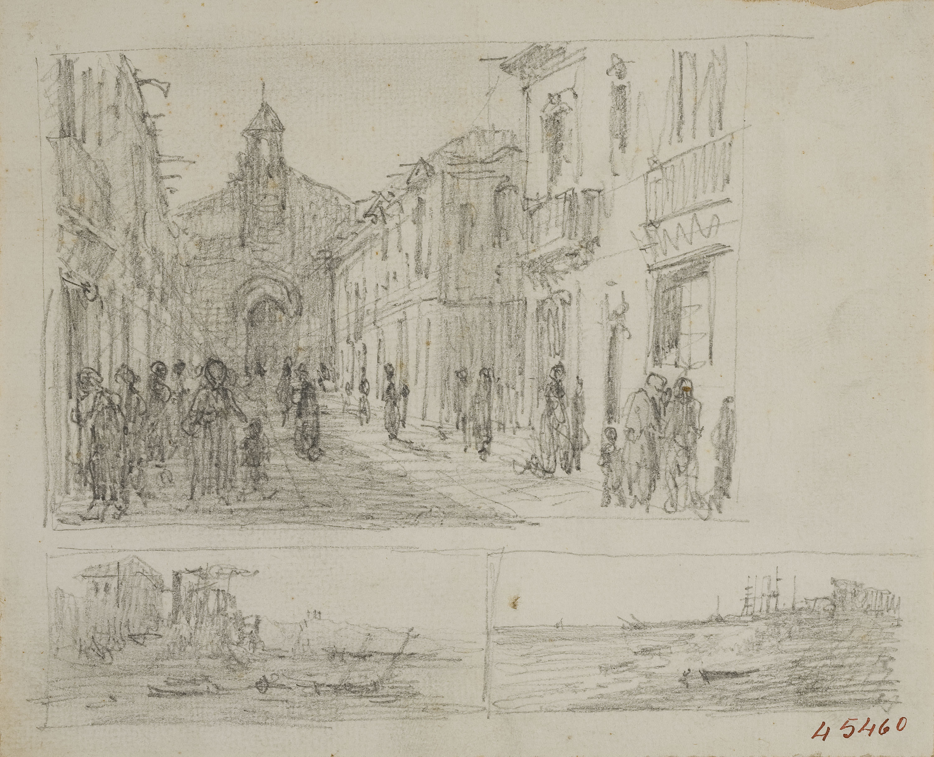 image for: Lluís Rigalt - Esbossos de carrer amb església i marines - Cap a 1860-1870