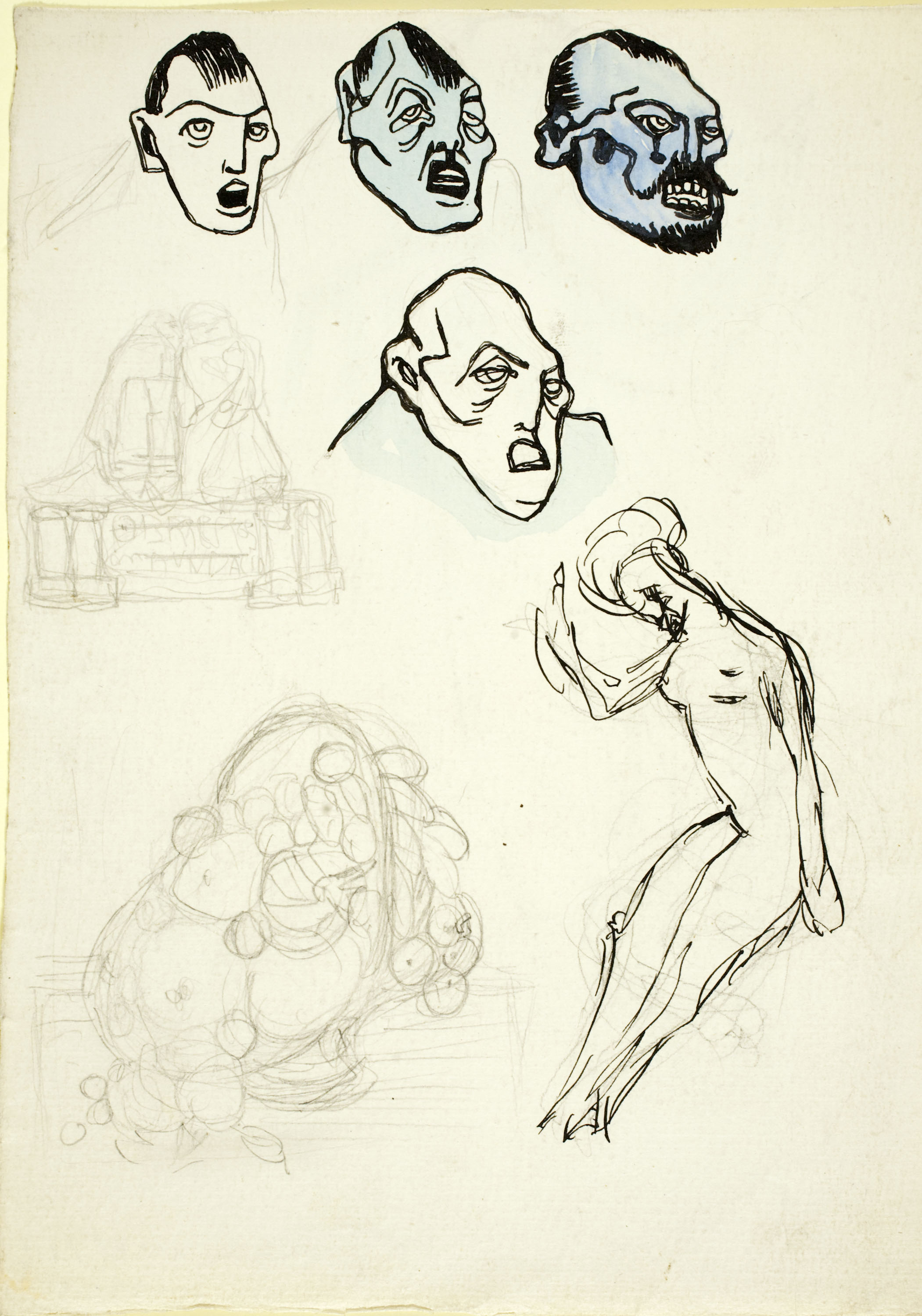 image for: Ismael Smith - Rostres masculins, nu femení, projecte de monument i cistell de fruita (anvers) / Croquis de nu femení (revers) - Cap a 1908-1924