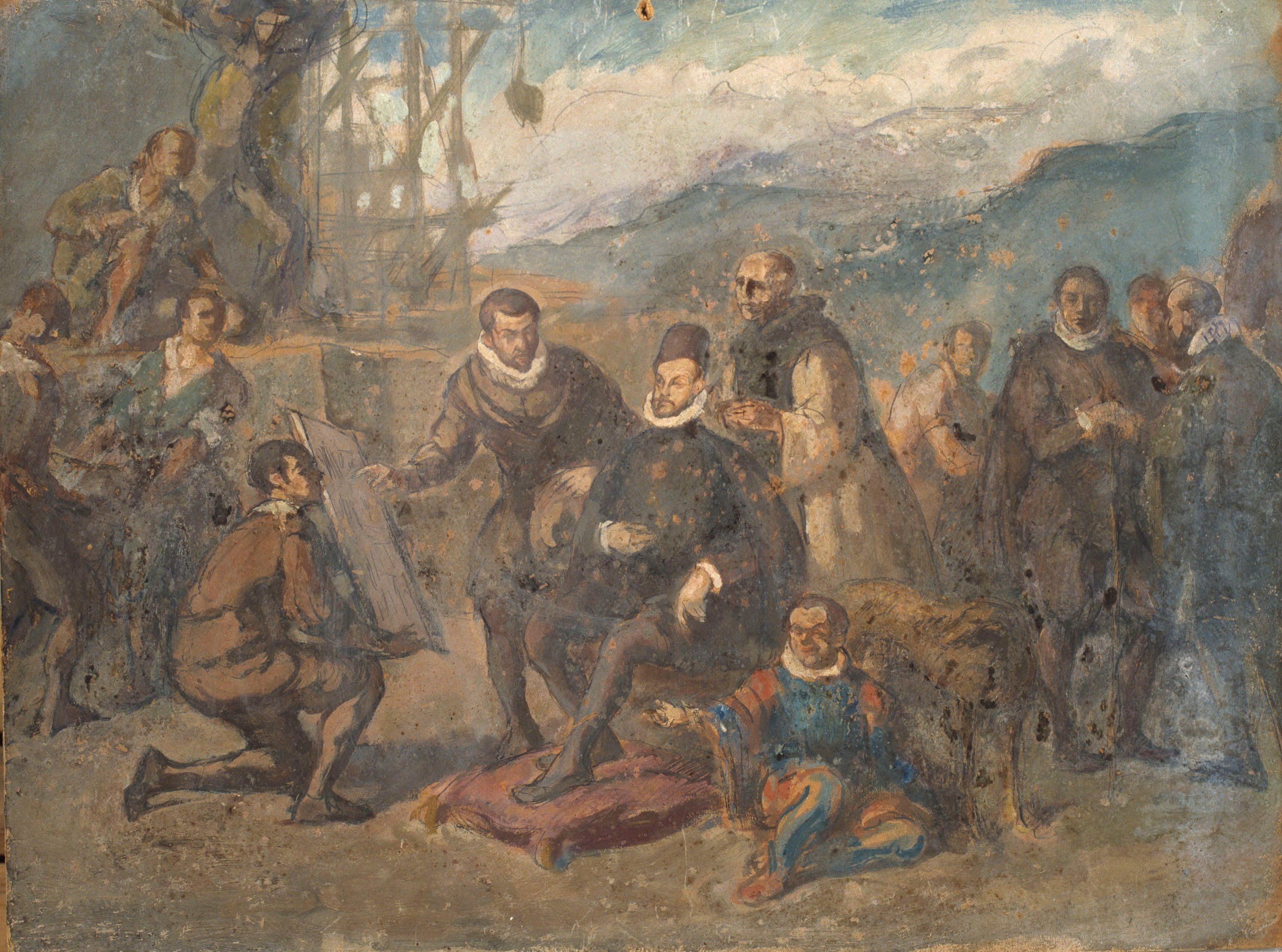 Ricard Canals - Felip II, assegut en una butaca i envoltat de cortesans, contempla els plànols del monestir de l'Escorial - Cap a 1929 image for: Ricard Canals - Felip II, assegut en una butaca i envoltat de cortesans, contempla els plànols del monestir de l'Escorial - Cap a 1929