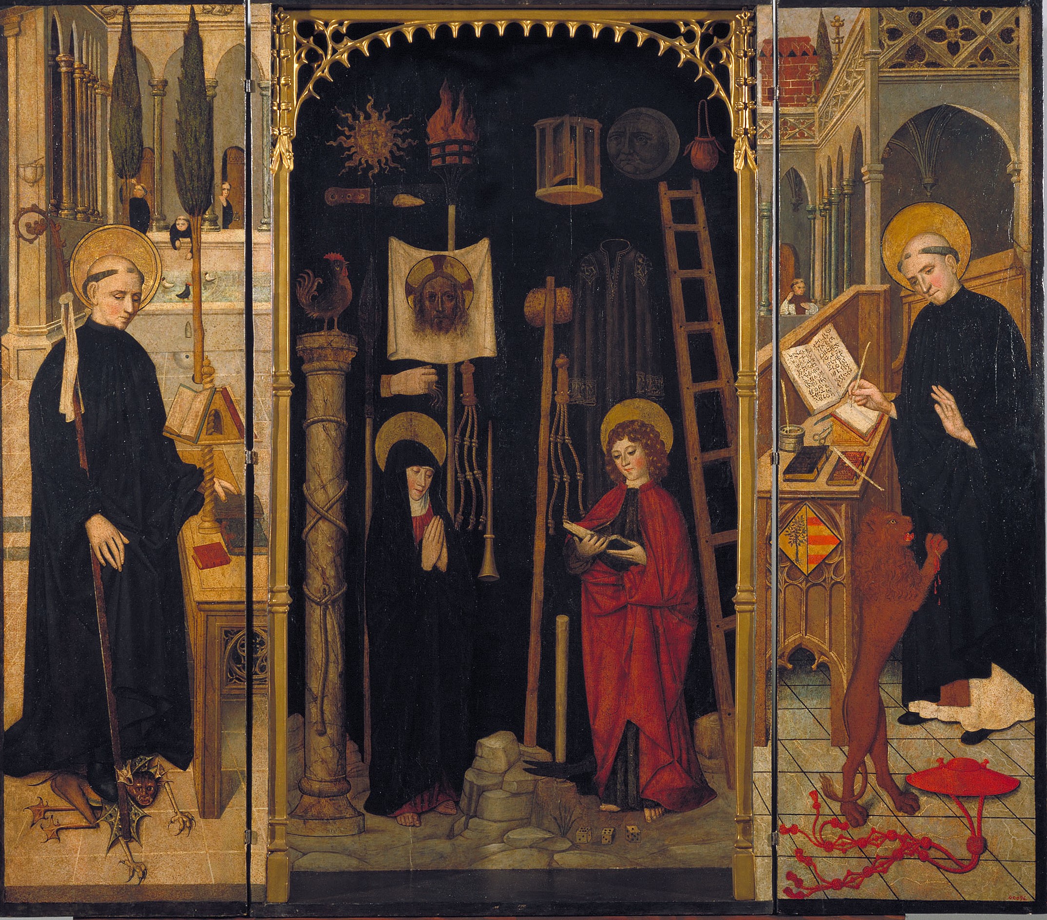 image for: Anònim - Tríptic de la Crucifixió, sant Macari i sant Jeroni - Segona meitat del segle XV