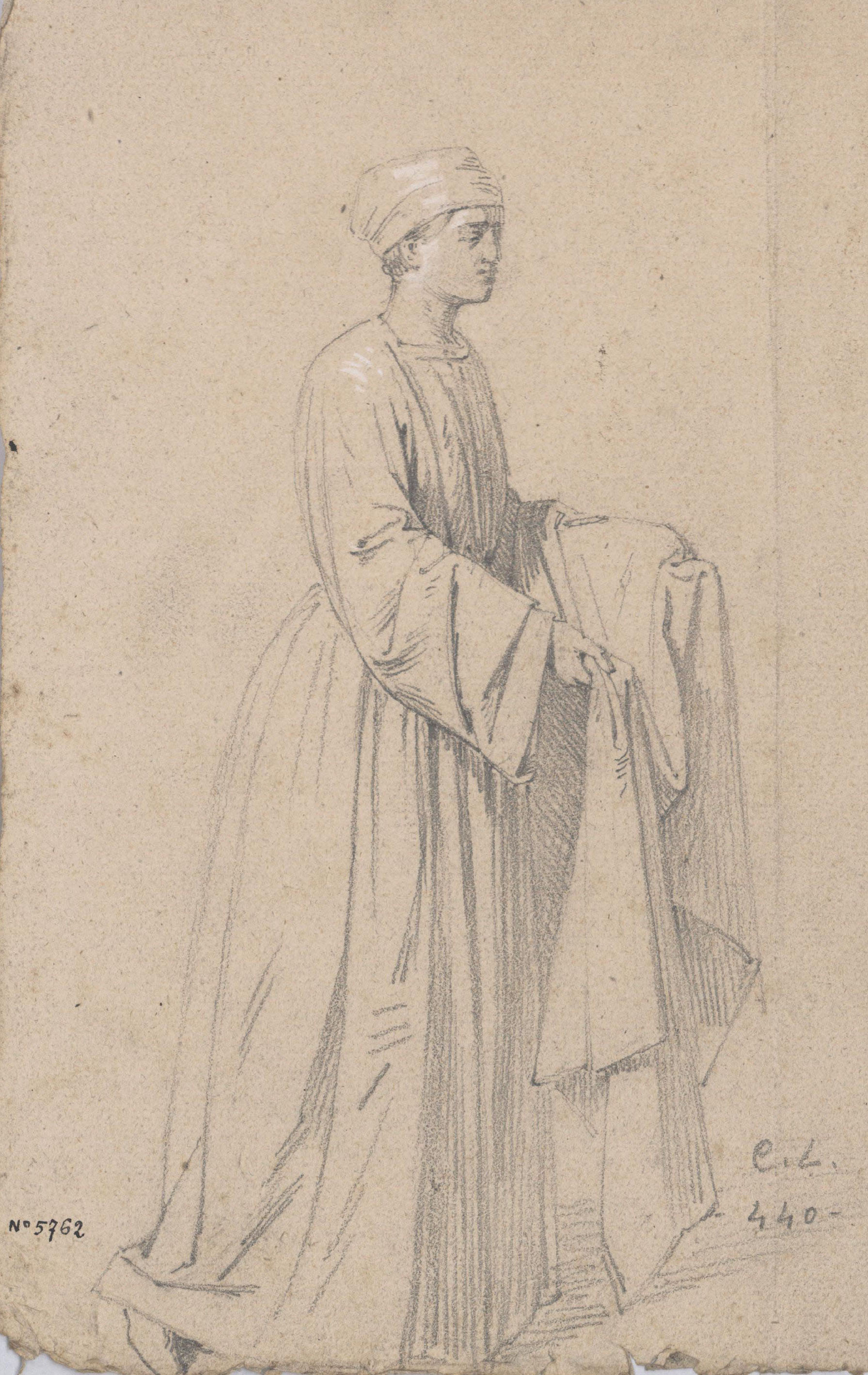 image for: Claudi Lorenzale - Estudi de dona amb un llenç a les mans per a la pintura del Naixement de la Mare de Déu del retaule de l'altar major de la catedral de Solsona - Cap a 1854-1856