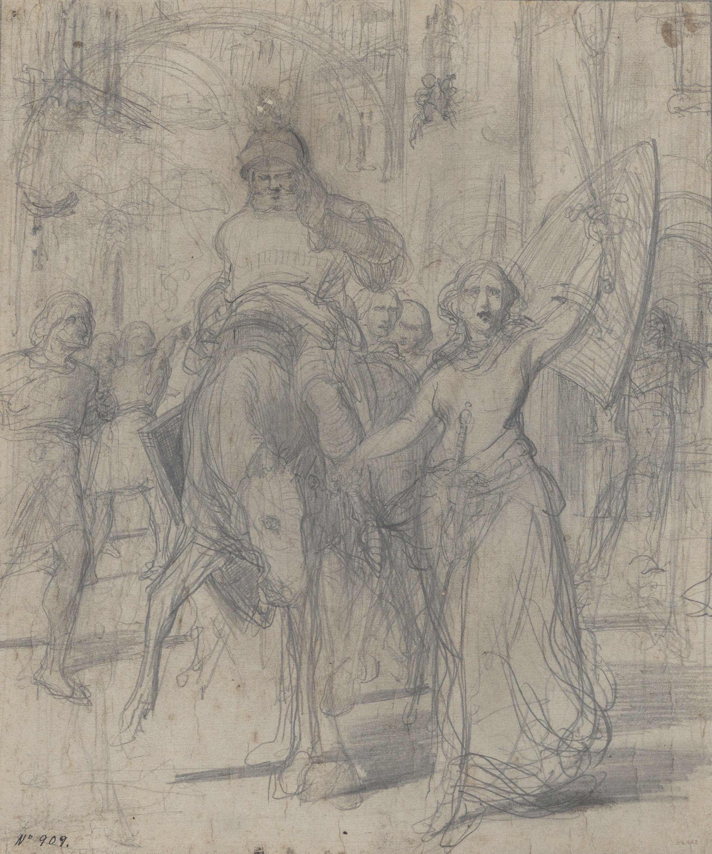 image for: Antoni Caba - Estudi per a la pintura «L'heroïna de Peralada» (anvers) / Croquis de l'entrada a una població per a la pintura «L'heroïna de Peralada» (revers) - Cap a 1864