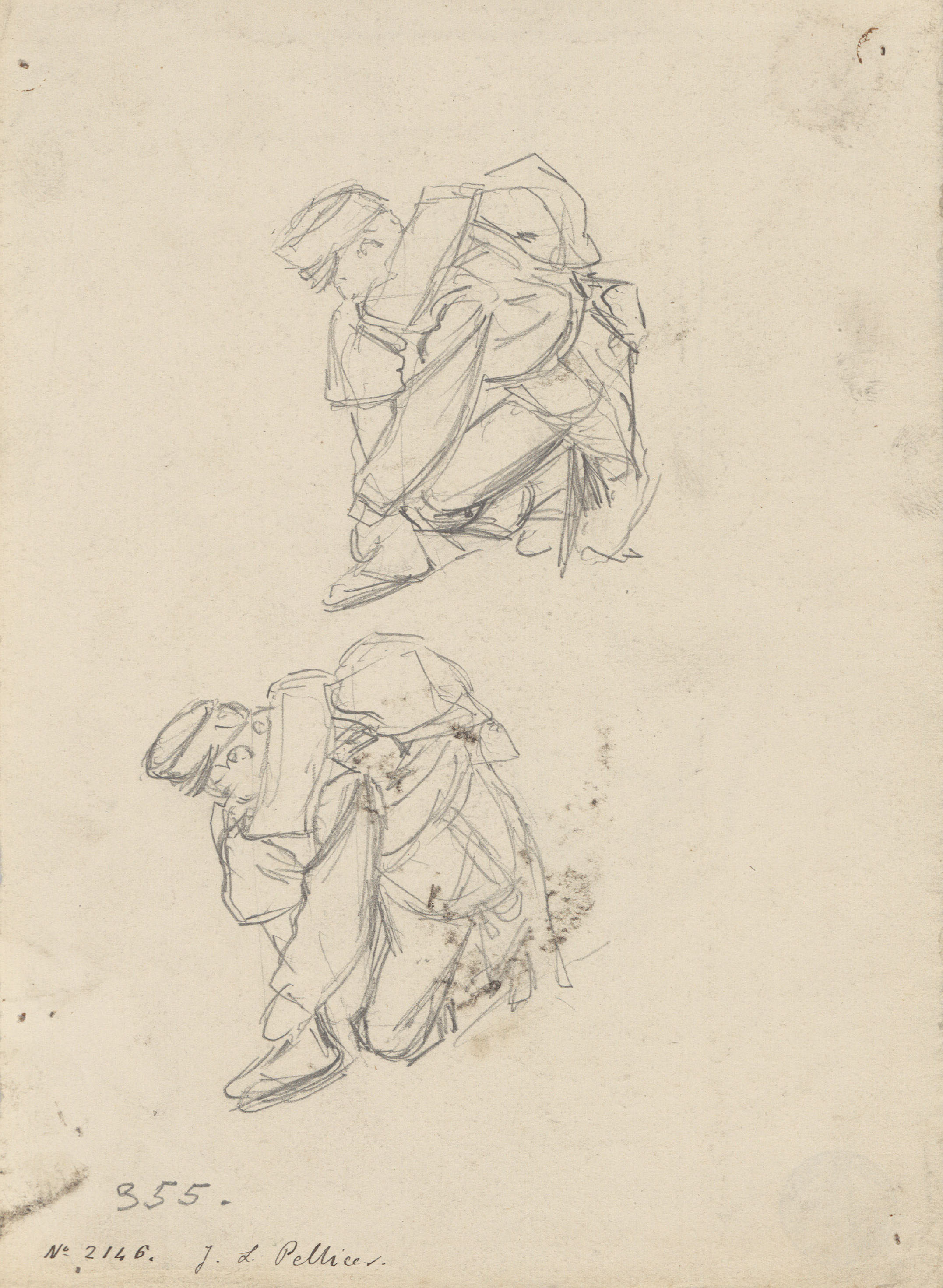 image for: Josep Lluís Pellicer - Apunts de soldat (anvers) / Croquis de nu masculí (revers) - Cap a 1872-1876