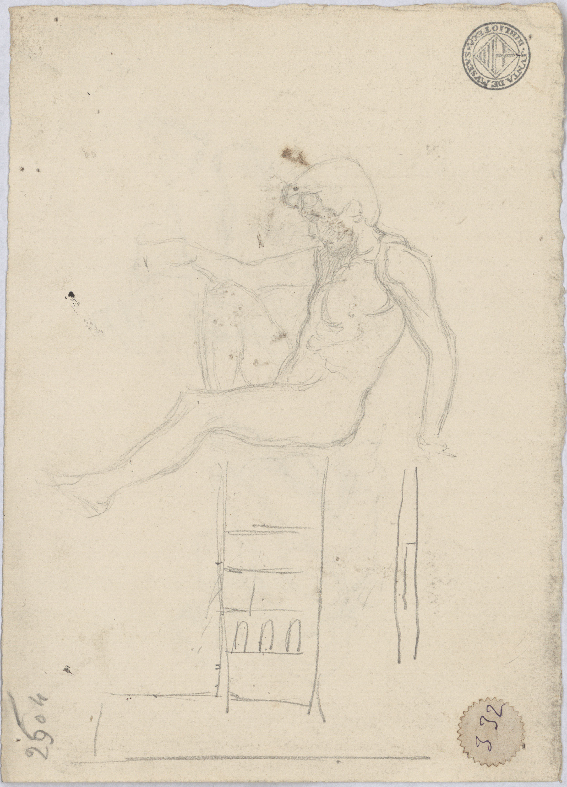 image for: Josep Lluís Pellicer - Apunts de soldat (anvers) / Croquis de nu masculí (revers) - Cap a 1872-1876 [1]