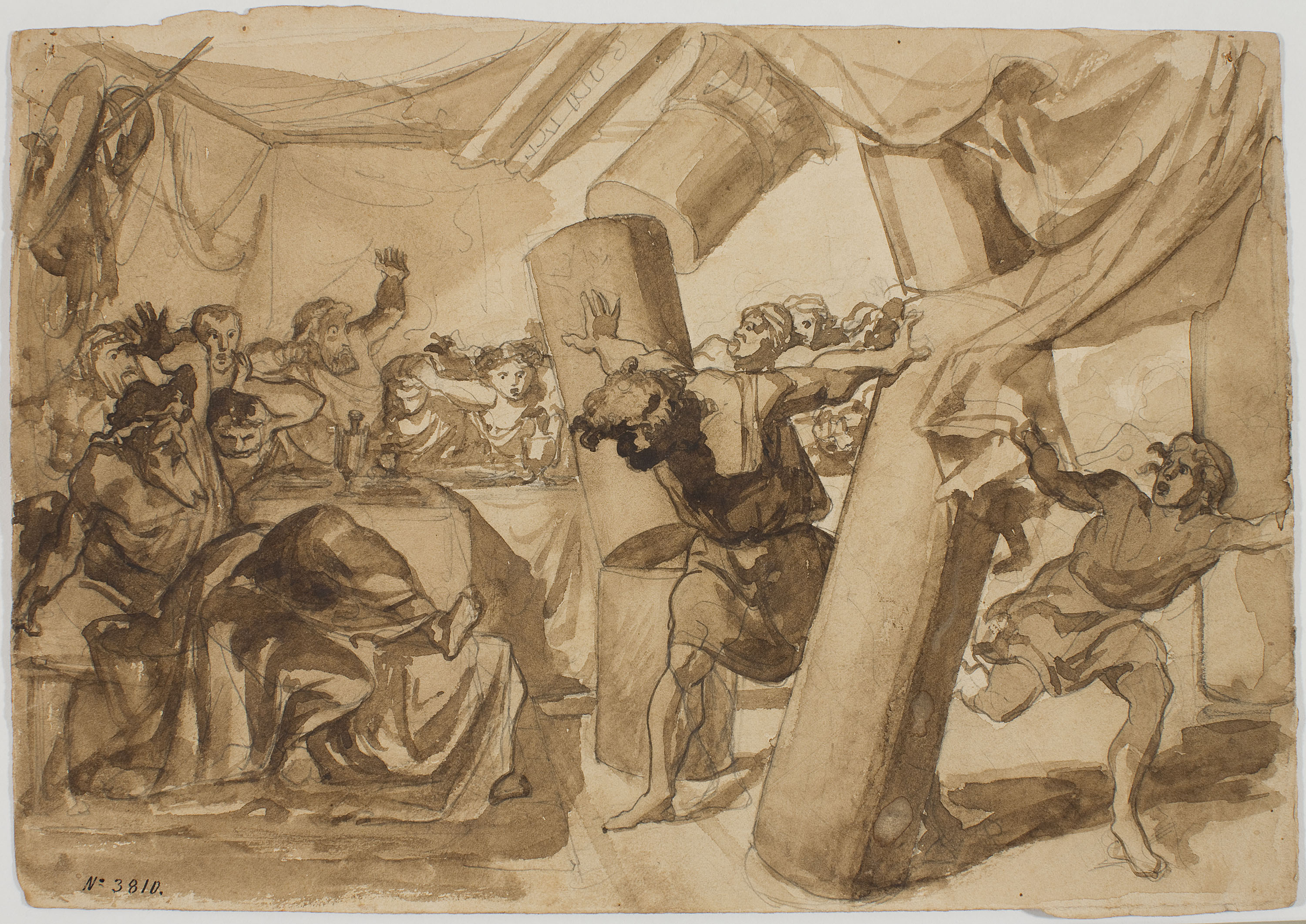 image for: Francesc Torras - Samsó derrocant les columnes del Temple (anvers) / Croquis d'un cap (revers) - Cap a 1860-1870