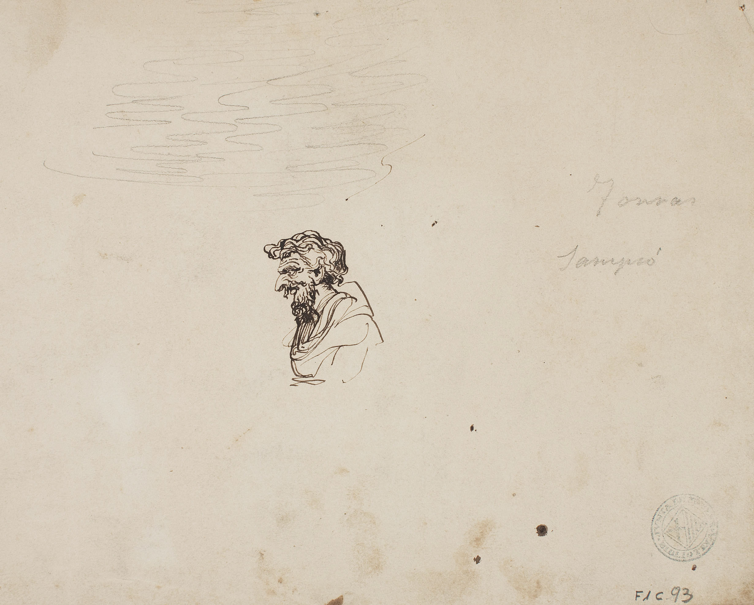 image for: Francesc Torras - Samsó derrocant les columnes del Temple (anvers) / Croquis d'un cap (revers) - Cap a 1860-1870 [1]