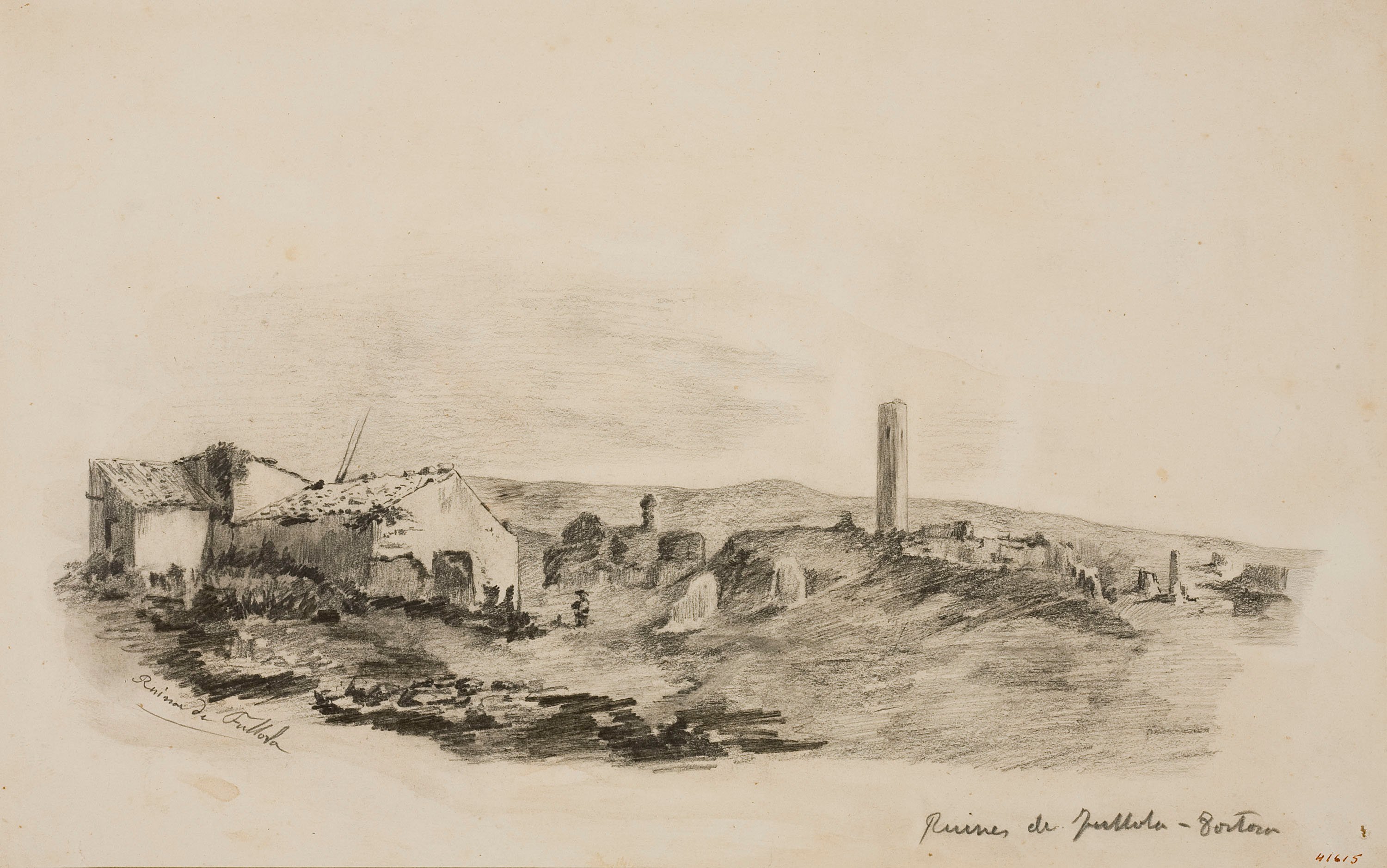 image for: Francesc Gimeno - Ruïnes de Fullola-Tortosa (anvers) / Estudi d'una estàtua antiga (revers) - Cap a 1878