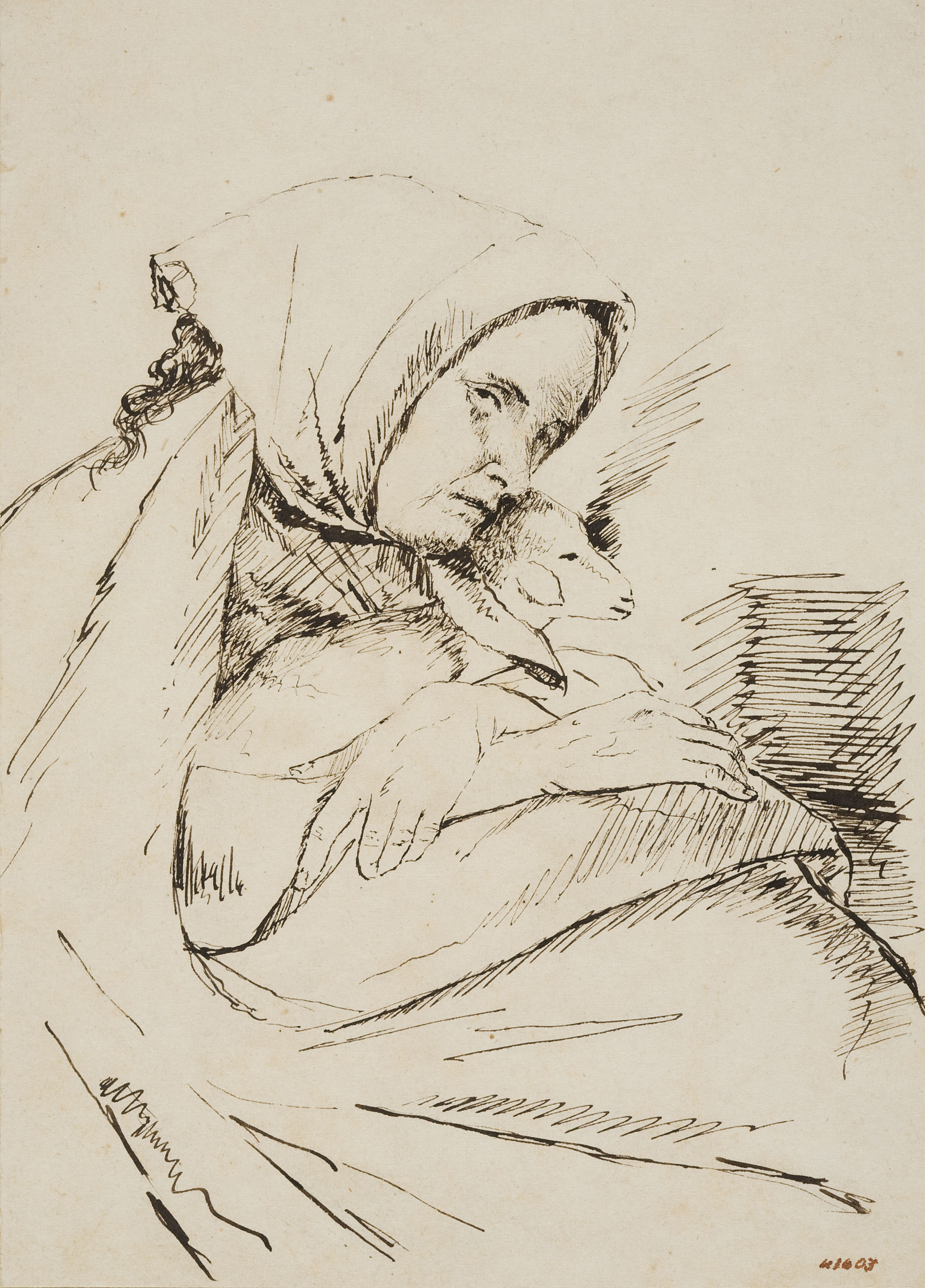 image for: Francesc Gimeno - Dona amb un xai (anvers) / Apunt d'una llar de foc encesa, plantes i un rostre femení (revers) - Cap a 1875-1880