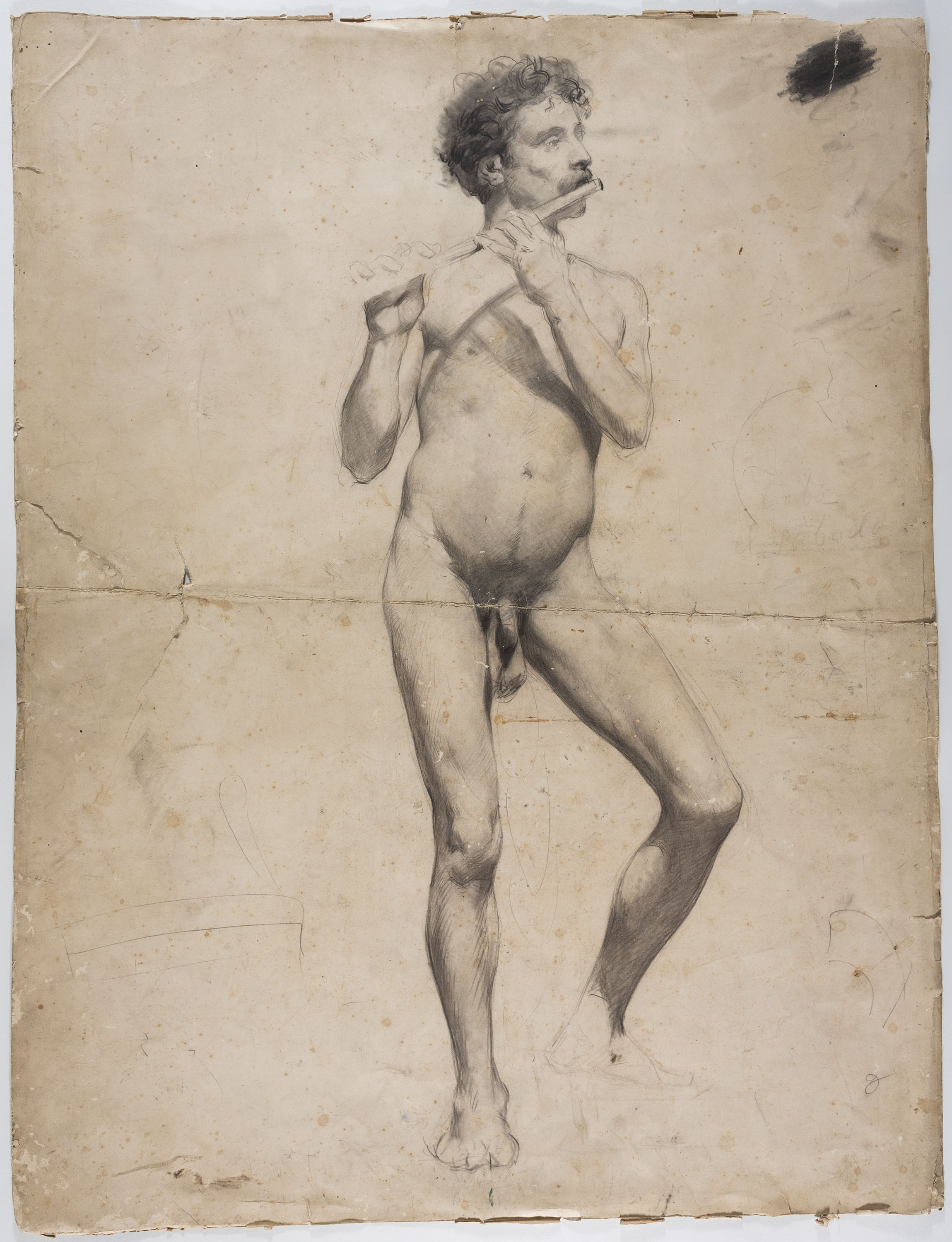 image for: Andreu Solà - Nu masculí tocant la flauta (anvers) / Estudi de caps, nu masculí i concert (revers) - Cap a 1880-1885