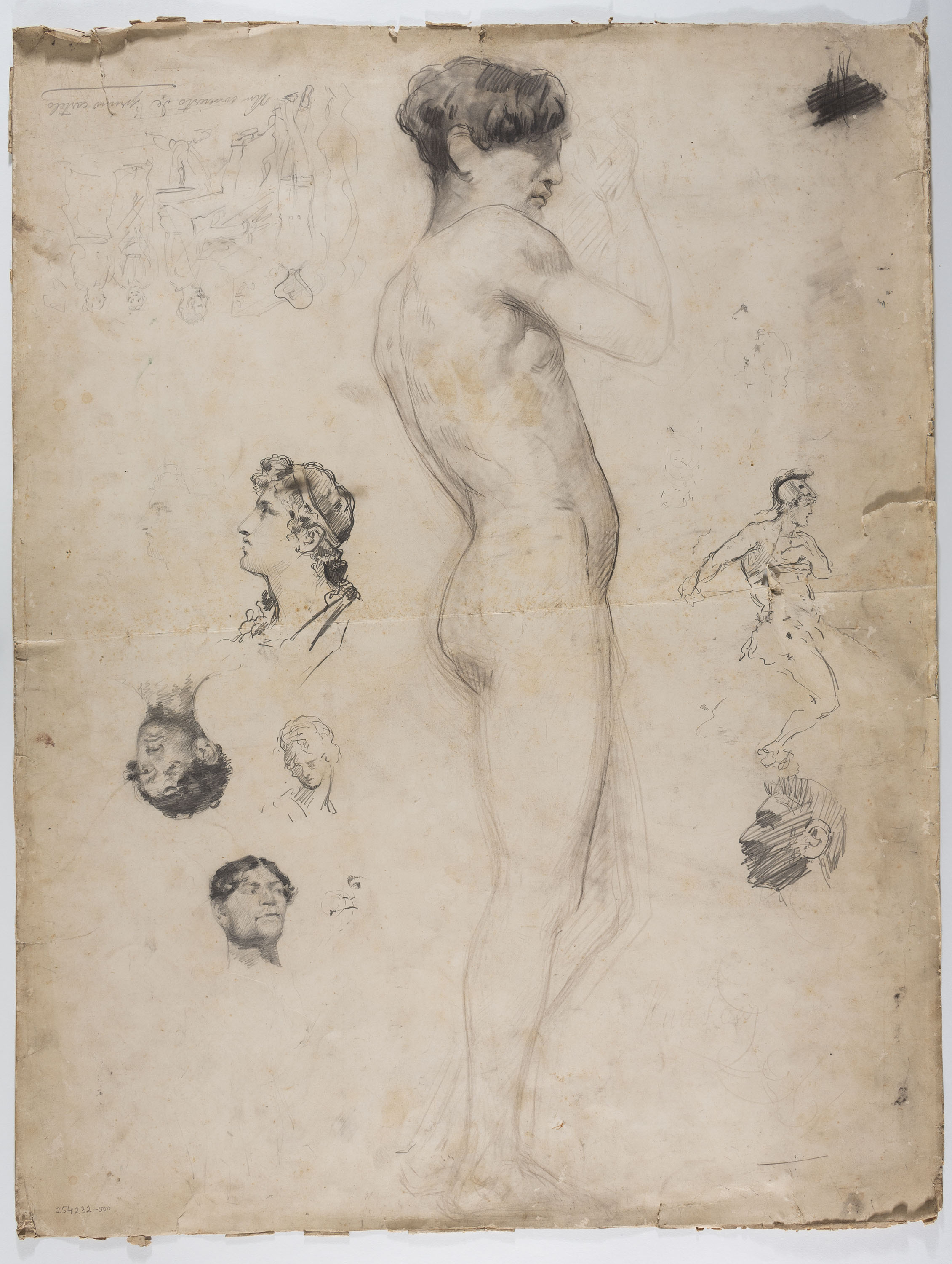 image for: Andreu Solà - Nu masculí tocant la flauta (anvers) / Estudi de caps, nu masculí i concert (revers) - Cap a 1880-1885 [1]