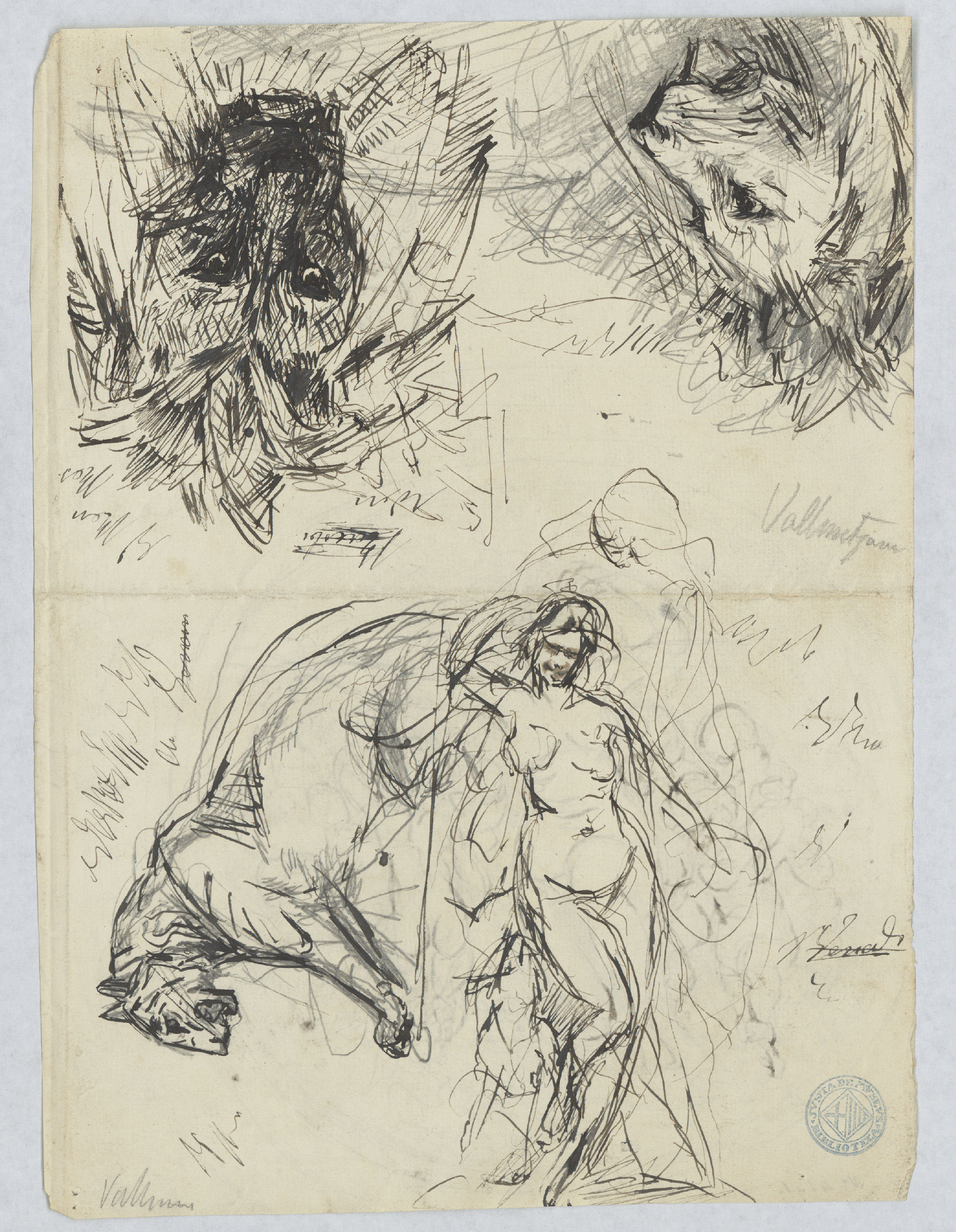 image for: Agapit Vallmitjana Abarca - Estudi per a un baix relleu (anvers) / Nu femení i estudi de lleons (revers) - Cap a 1876-1896 (anvers i revers) [1]
