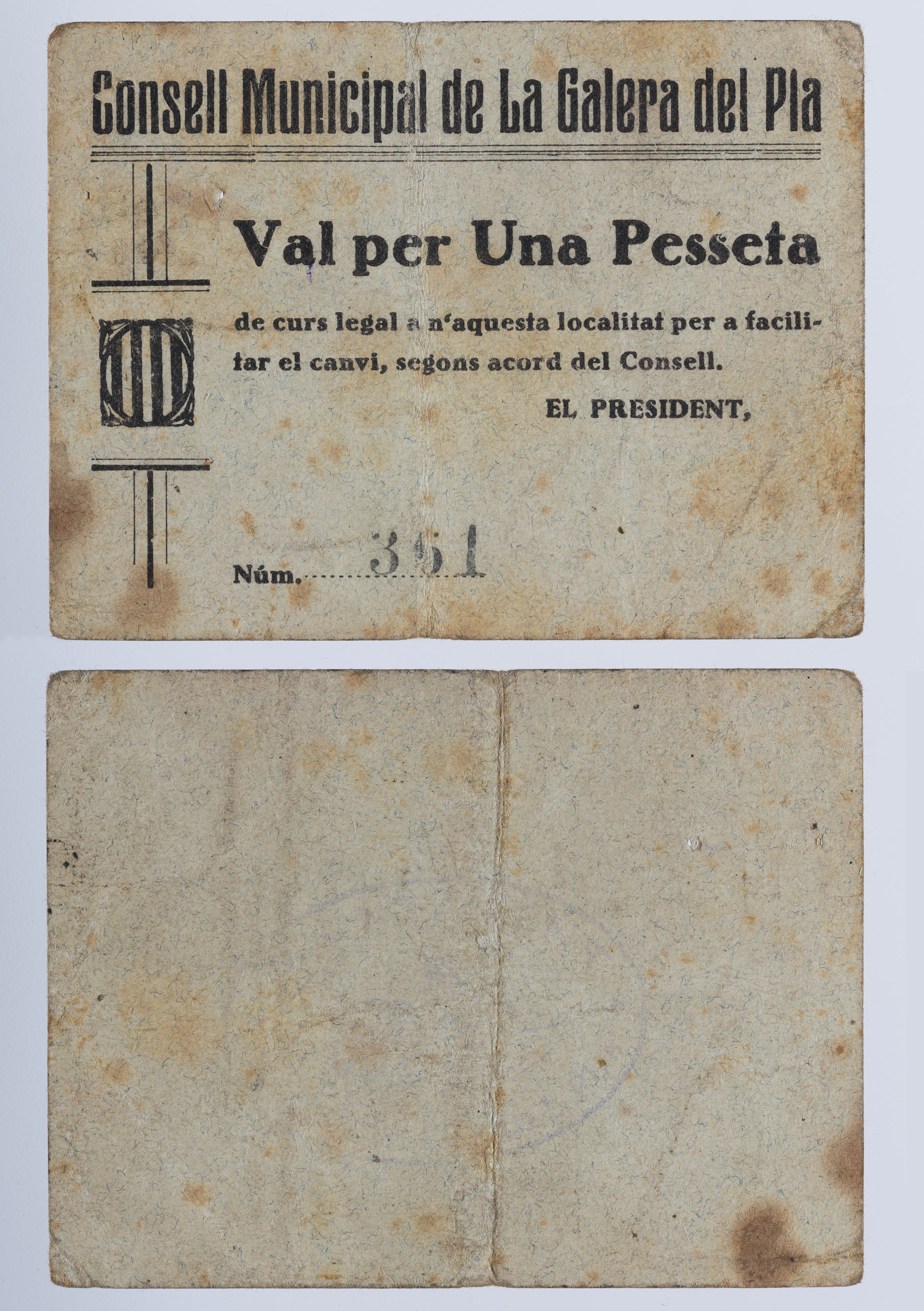 image for: Consell Municipal de la Galera del Pla. La Galera - 1 pesseta - 11.07.1937