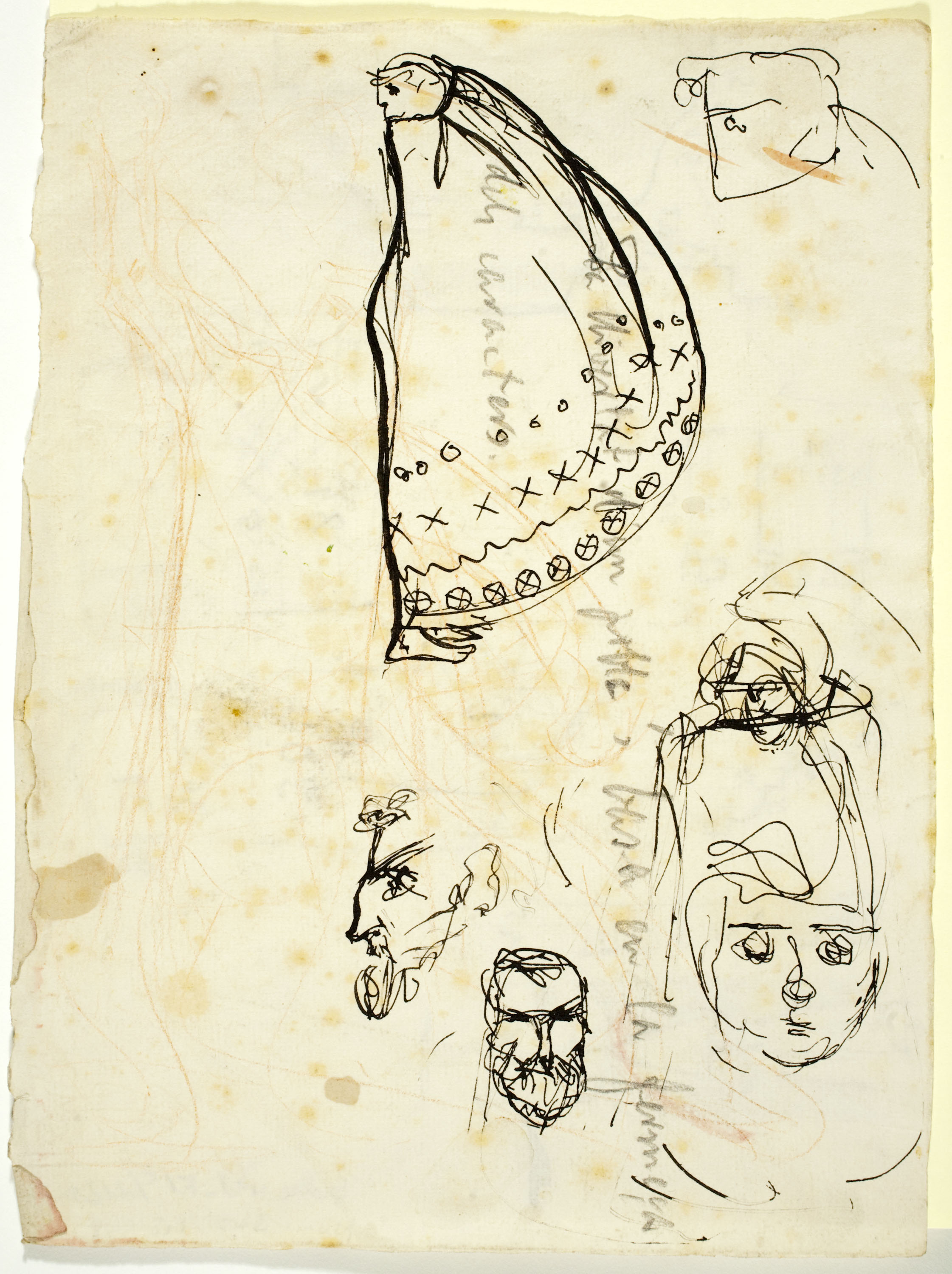 image for: Ismael Smith - Croquis de rostres maculins i inscripció manuscrita (anvers) / Motius arquitectònics (revers) - Cap a 1910-1919