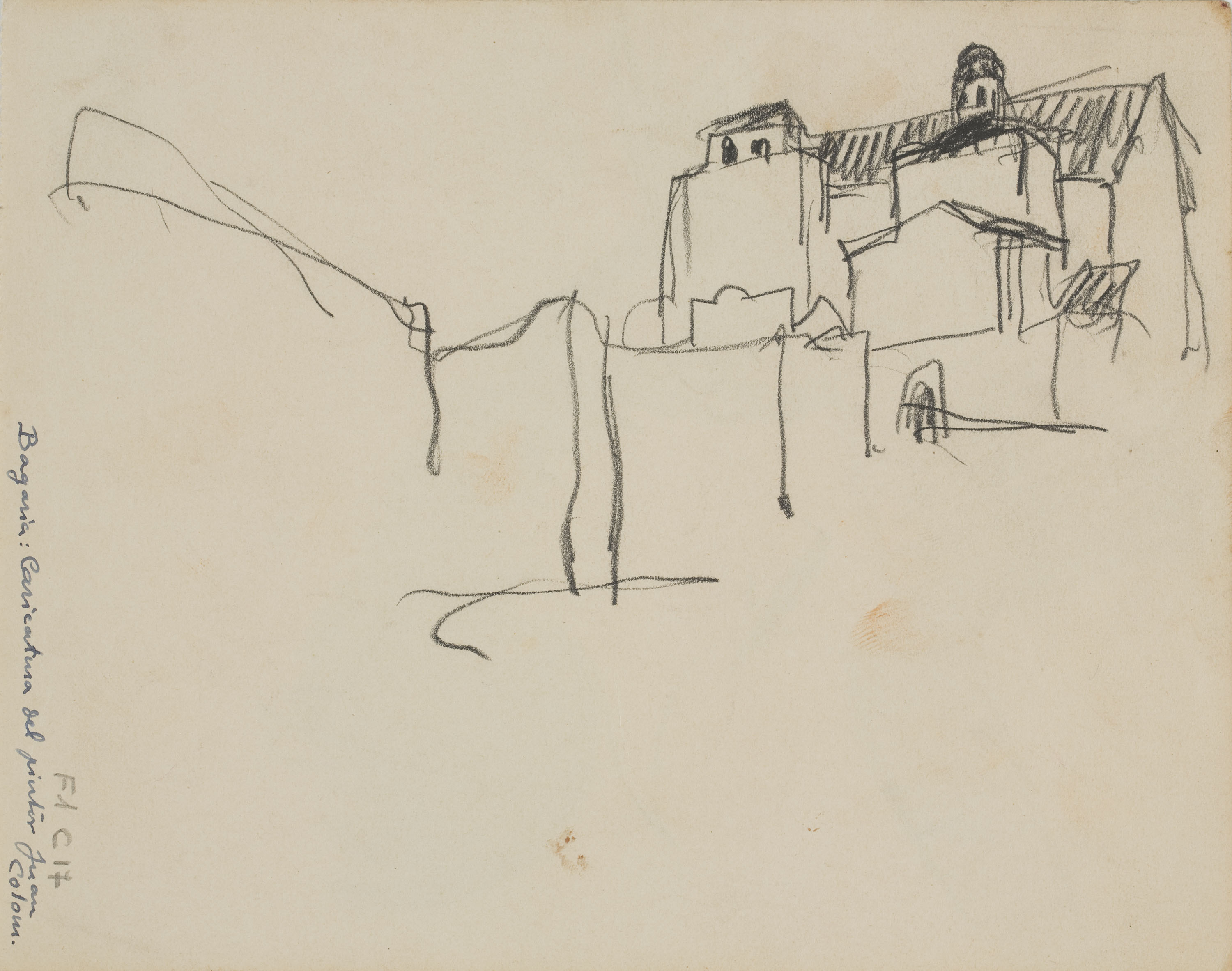 image for: Lluís Bagaria Bou - Apunt de caricatura del cap de Joan Colom (anvers) / Croquis arquitectònic (revers) - Primera meitat del segle XX [1]