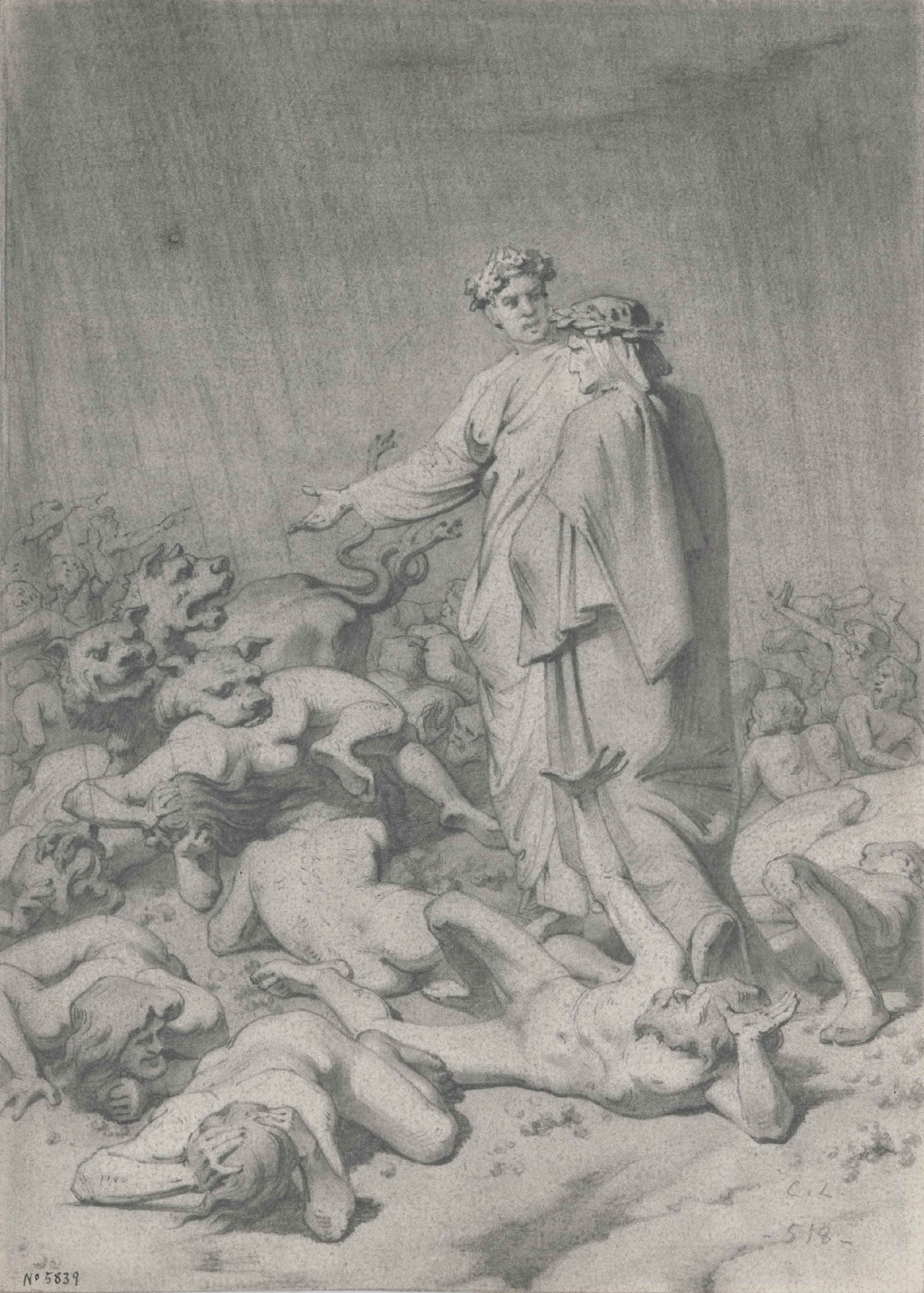 image for: Claudi Lorenzale - Dant i Virgili en un passatge de la Divina Comèdia (anvers) / Apunt de les figures de Dant i Virgili (revers) - Cap a 1850-1870