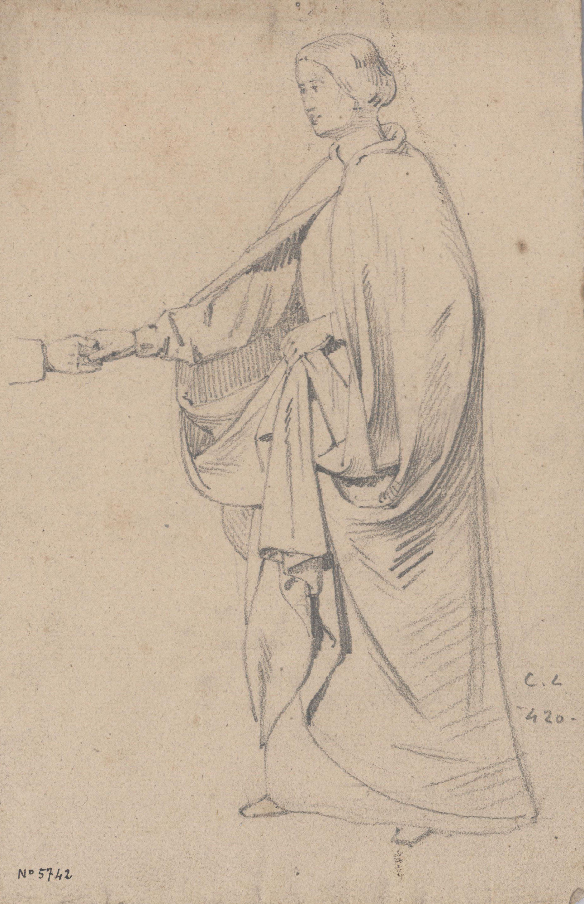 image for: Claudi Lorenzale - Dona amb un llarga capa saludant amb la mà dreta - Cap a 1850-1870