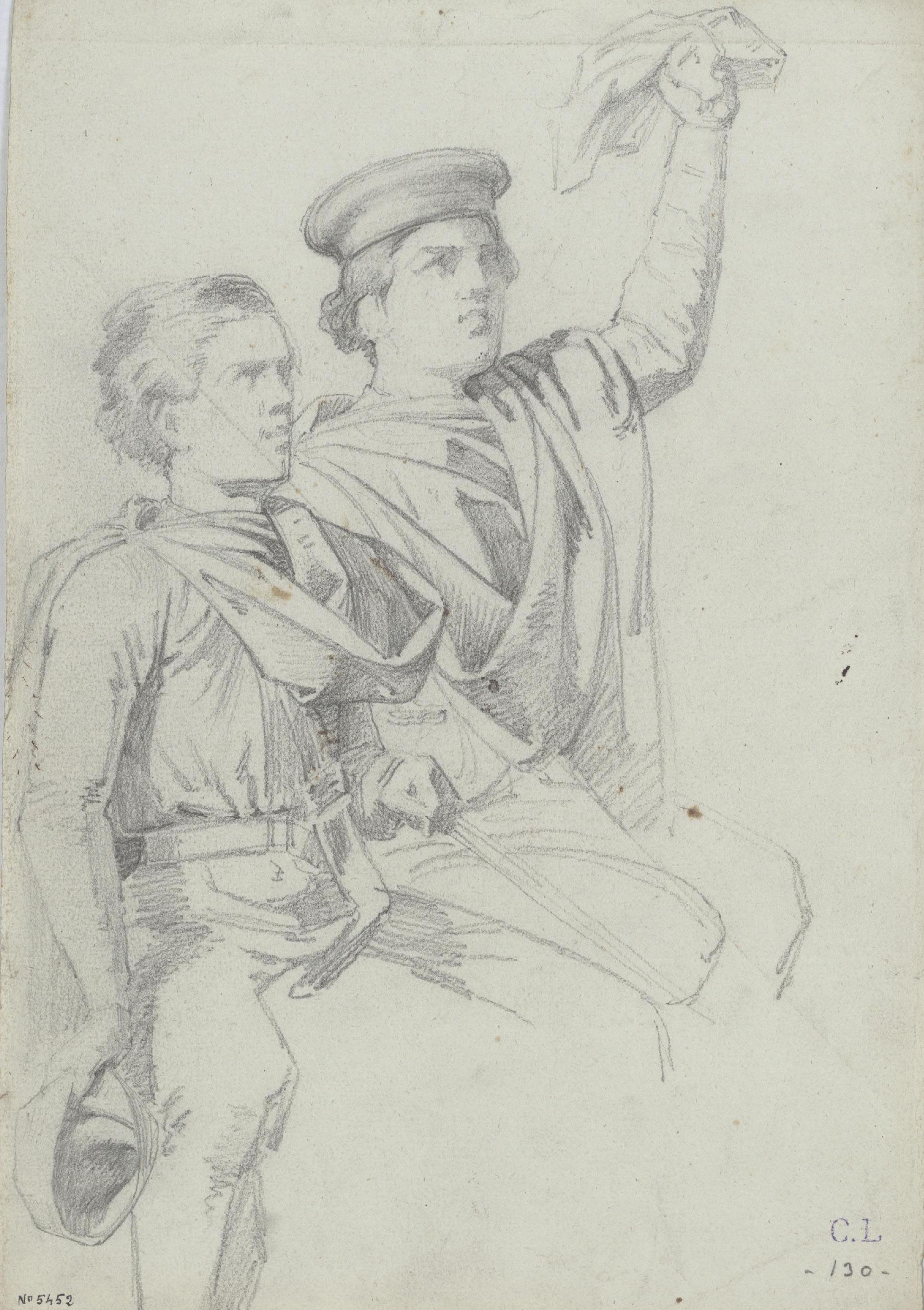 image for: Claudi Lorenzale - Dos joves cavalcant fent el gest d'acomiadar-se - Cap a 1850-1870