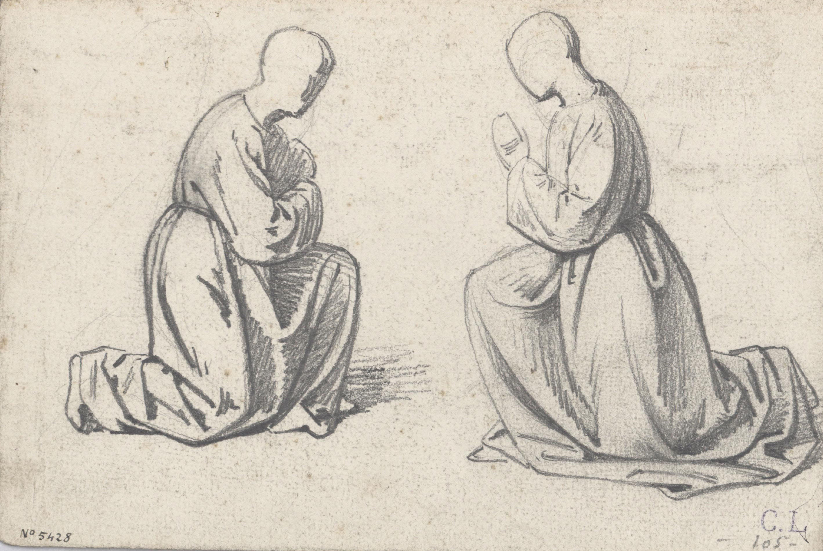 image for: Claudi Lorenzale - Dues dones agenollades pregant - Cap a 1850-1870
