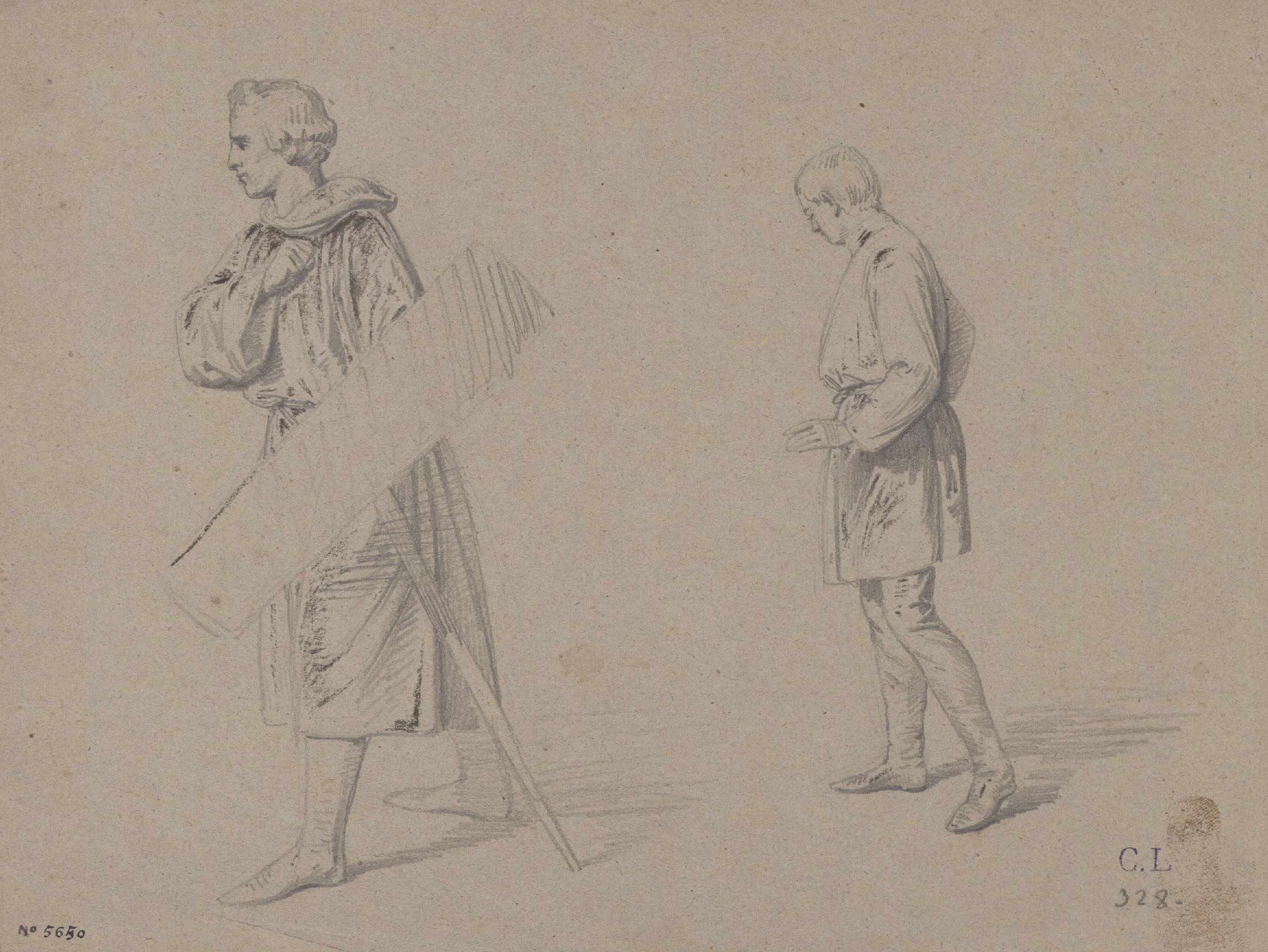 image for: Claudi Lorenzale - Estudi de cavaller amb escut i espasa i figura masculina per al quadre històric de la família Centelles - Cap a 1850-1860