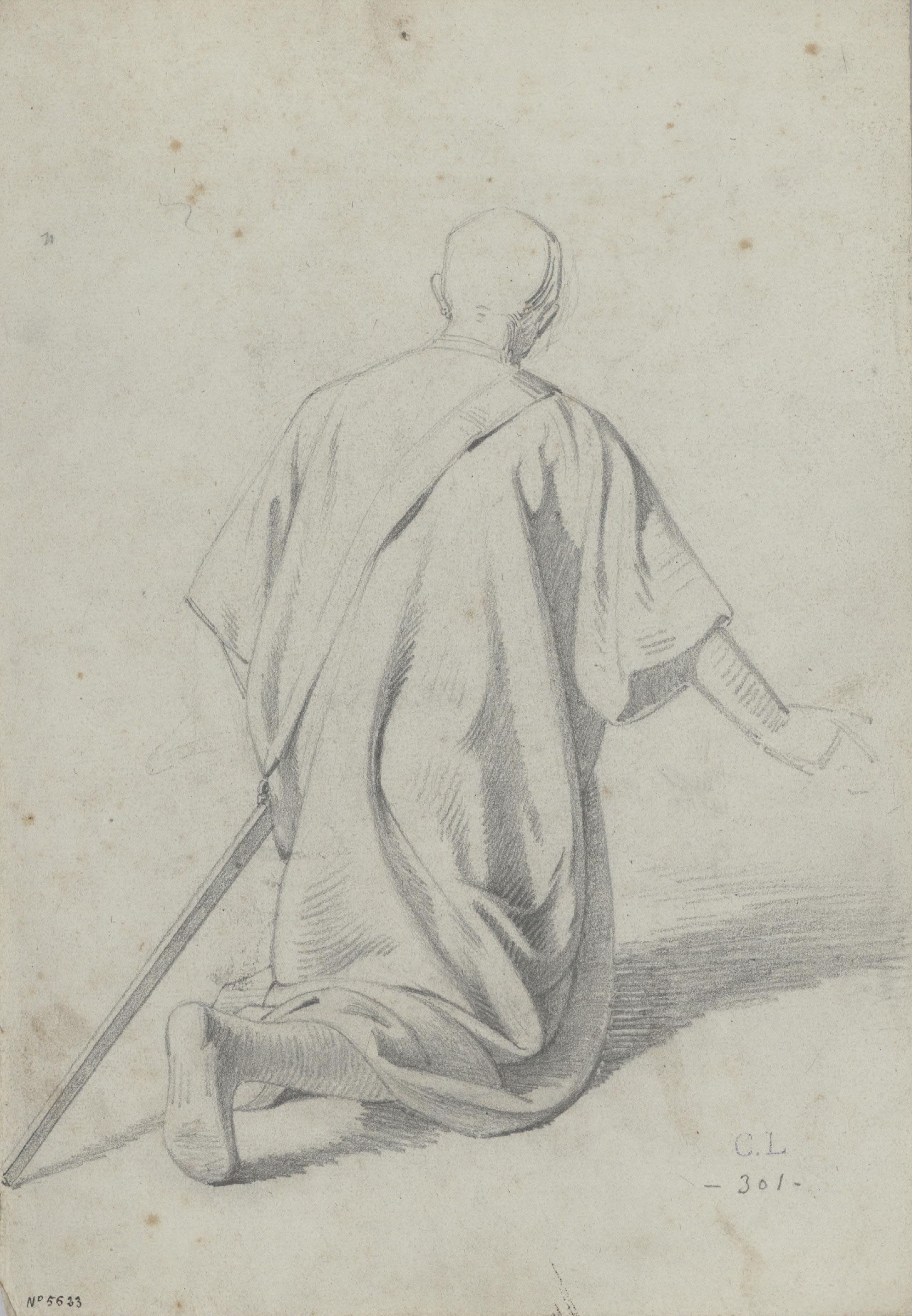 image for: Claudi Lorenzale - Estudi de cavaller medieval agenollat i d'esquena per al quadre «Mort del rei Pere III a Vilafranca» - Cap a 1870
