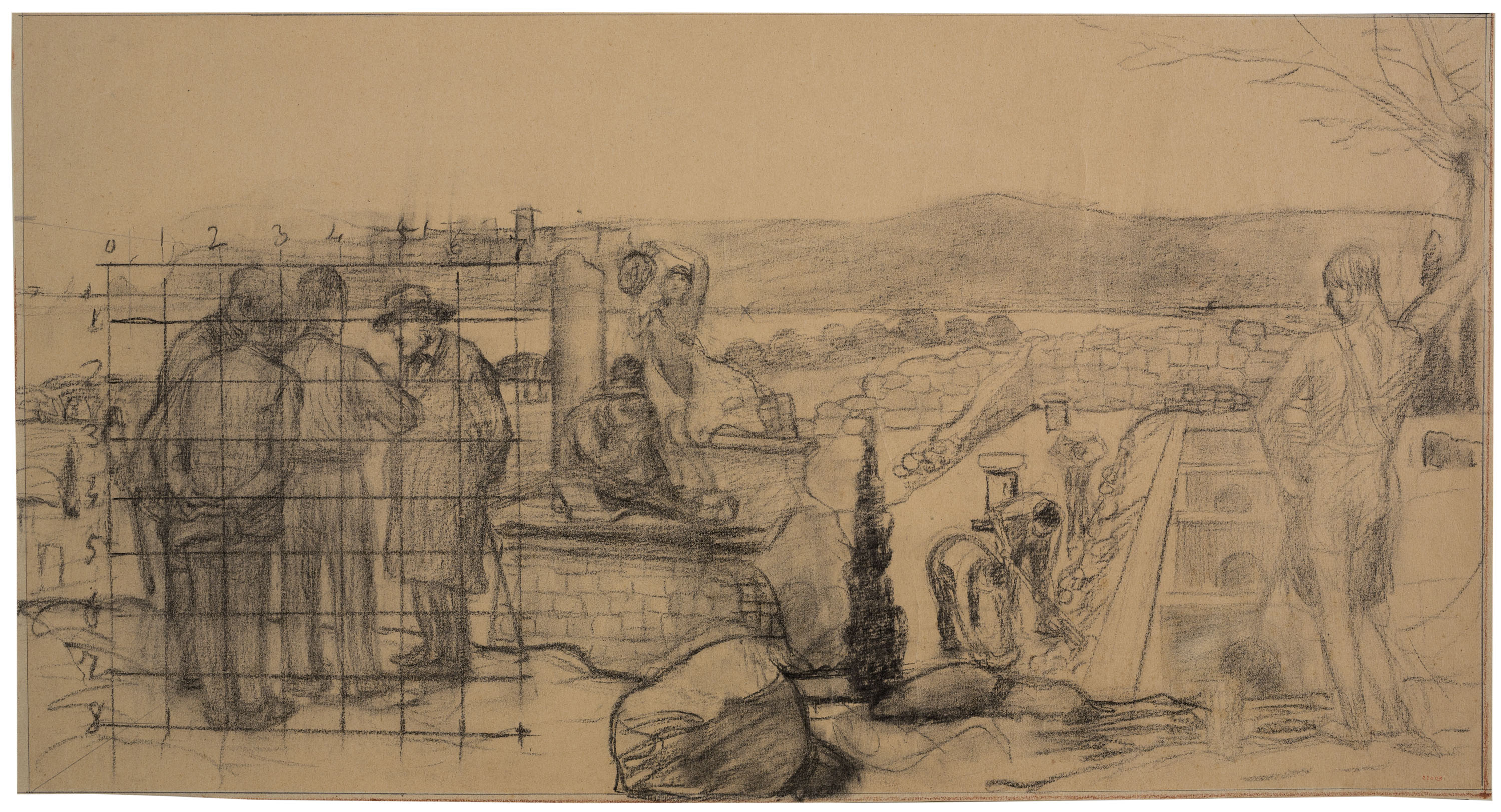 image for: Joan Llimona - Treballs arqueològics a Empúries. Projecte per a l'escala de l'antic palau del Governador del Parc de la Ciutadella (plafó esquerre) - 1925