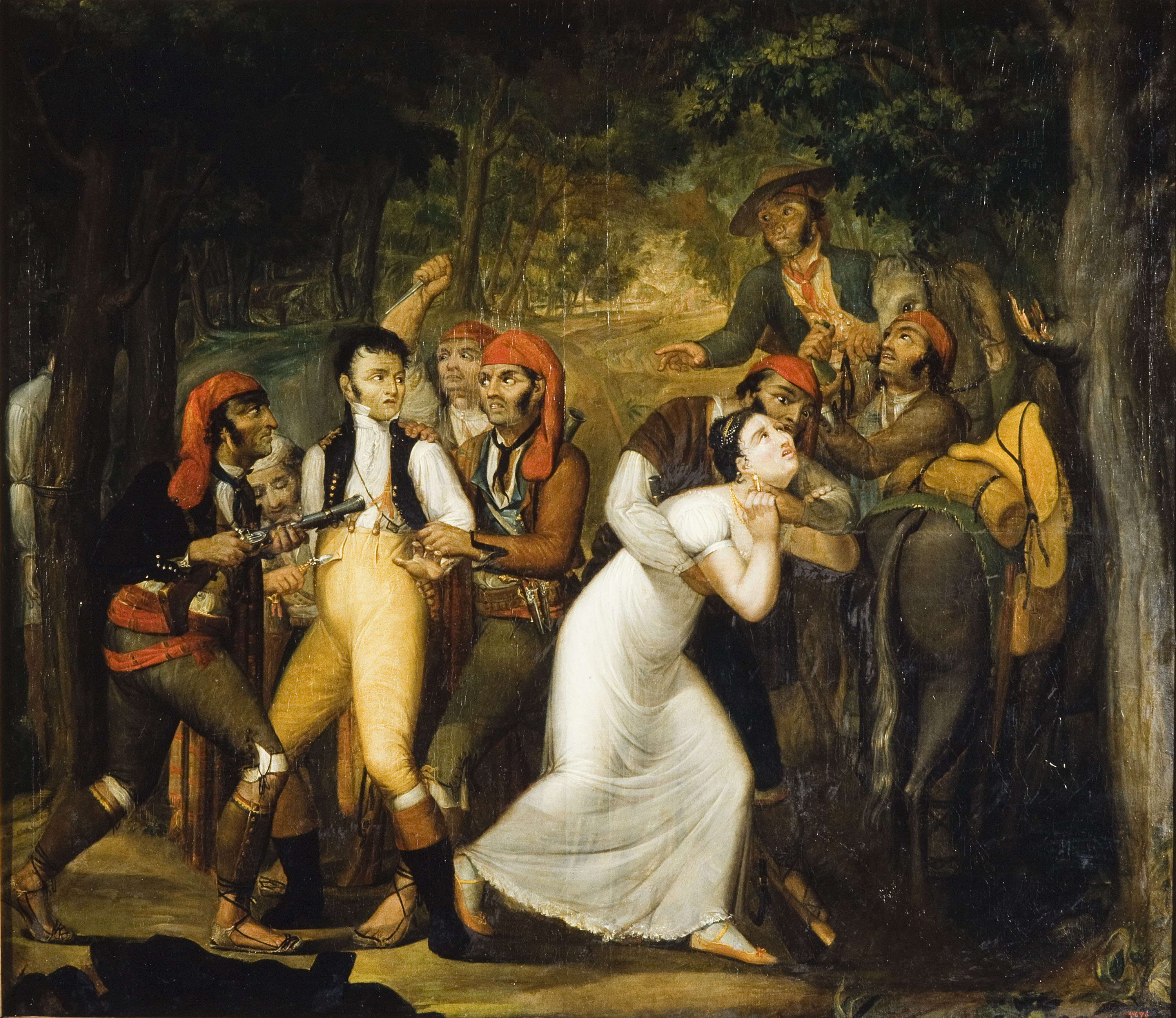 image for: Anònim - Bandolers atacant una parella de viatgers - Segle XIX