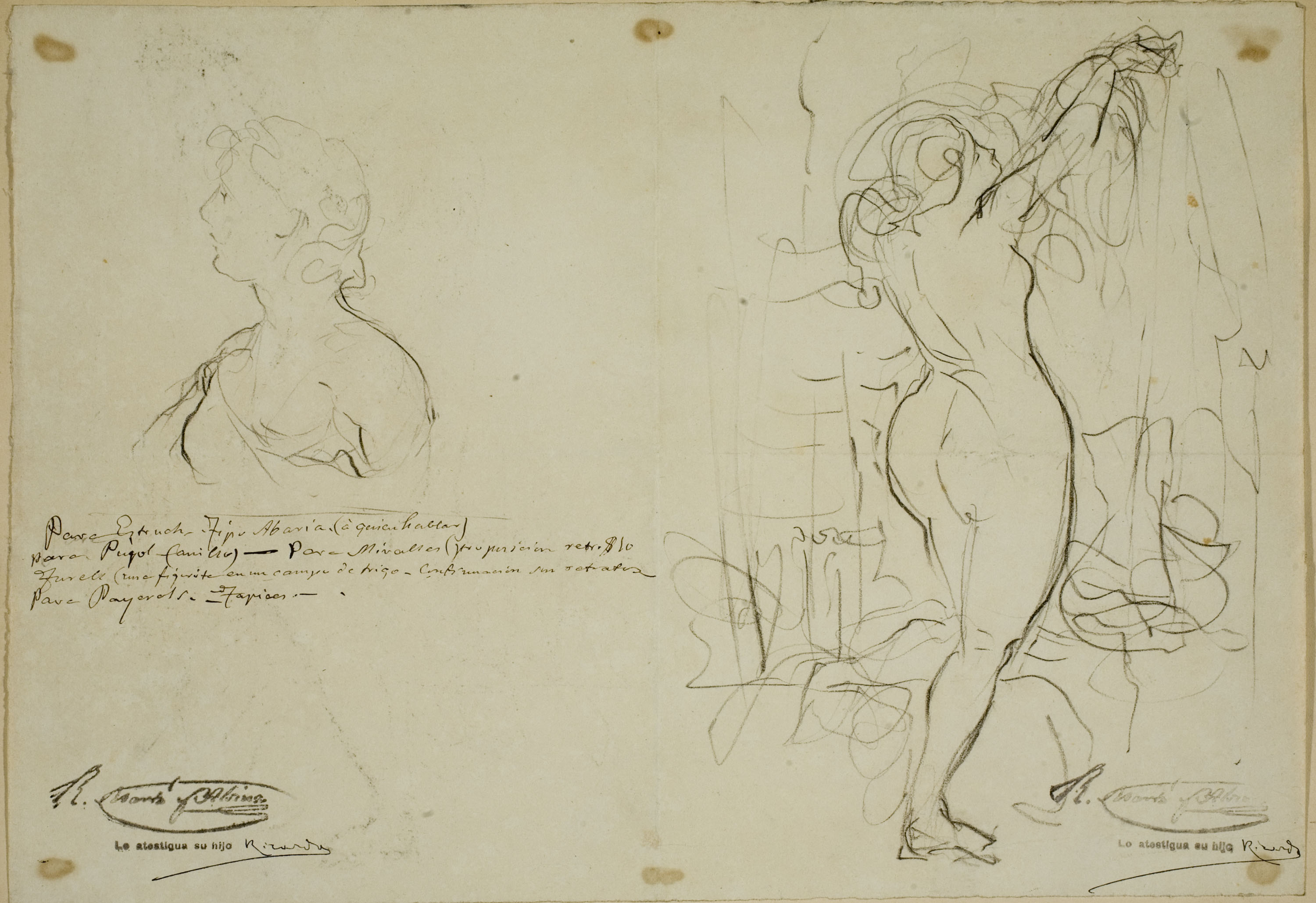 image for: Ramon Martí i Alsina - Croquis d'un bust i un nu femení dempeus - Cap a 1860-1865