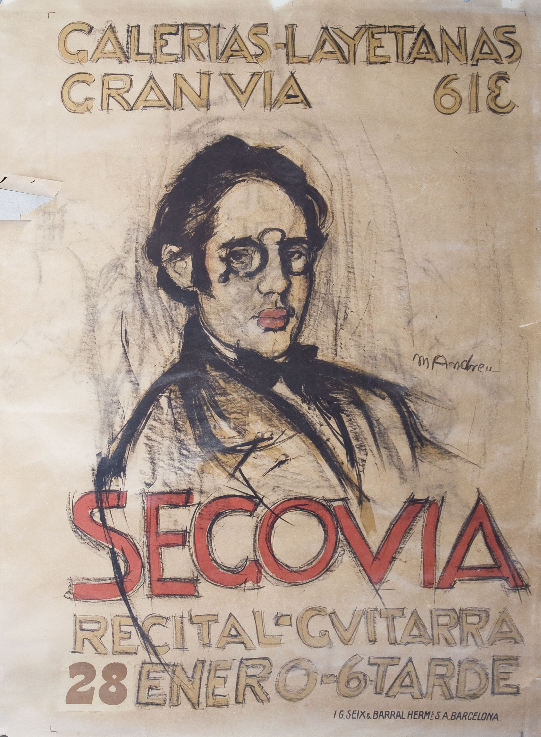 image for: Marià Andreu Estany - Dibuix preparatori per al cartell «Segovia / recital de guitarra» a les Galeries Laietanes - 1916