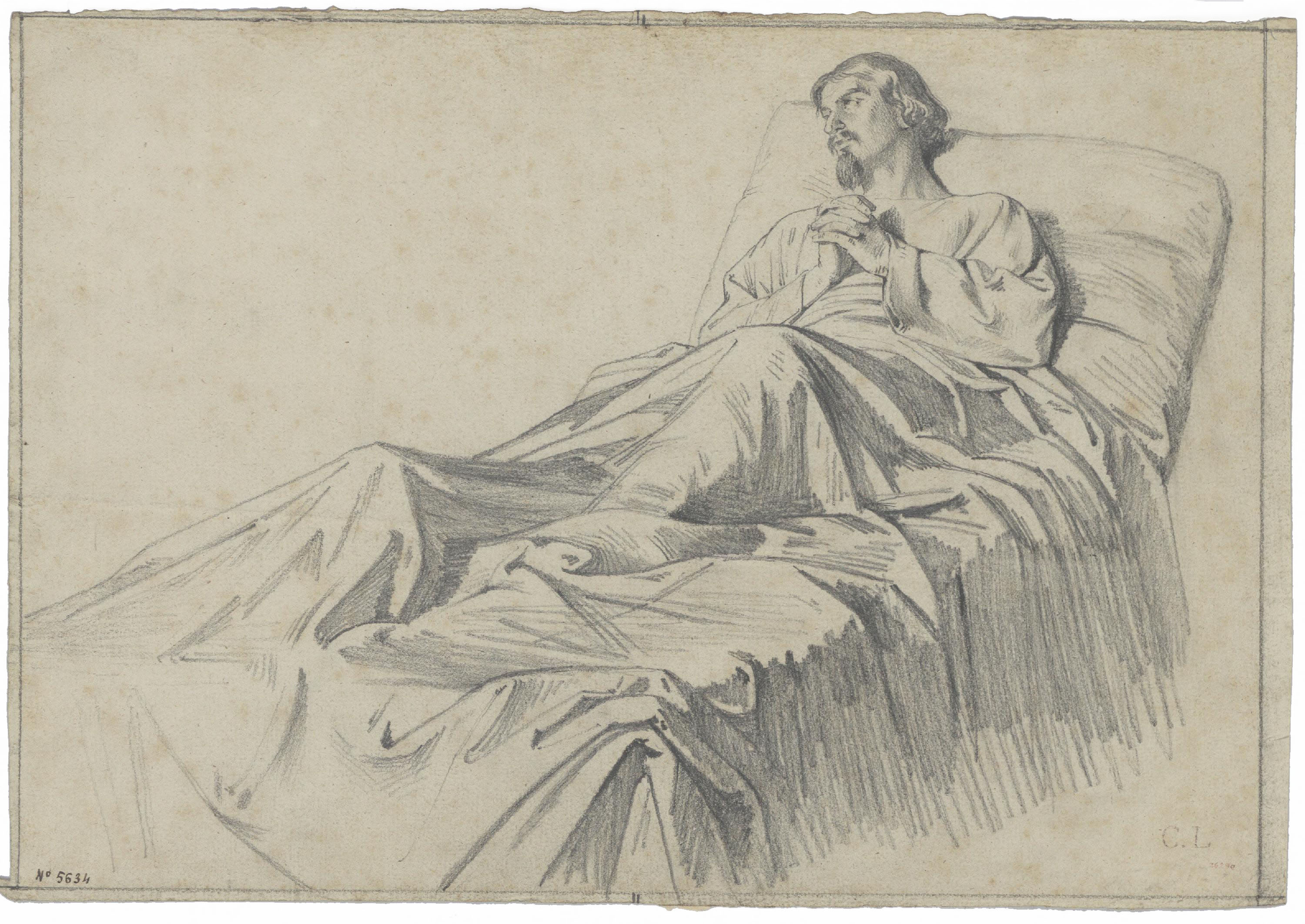 image for: Claudi Lorenzale - Estudi d'home malalt al llit implorant la misericòrdia divina per al quadre «Mort del rei Pere III a Vilafranca» (anvers) / Estudi d'home malalt al llit implorant la... - Cap a 1870