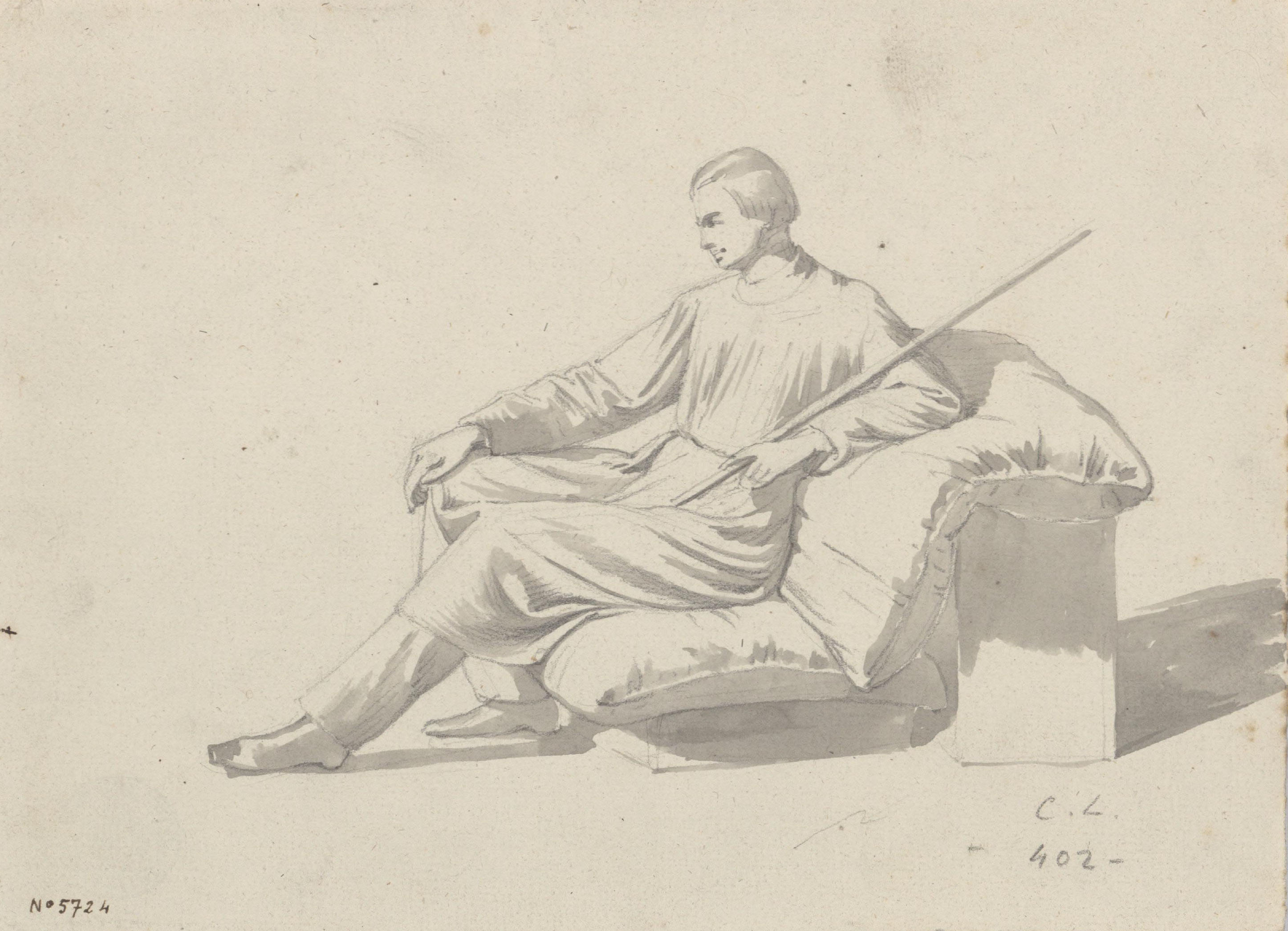 image for: Claudi Lorenzale - Home amb túnica assegut i recolzat damunt uns coixins - Cap a 1850-1870