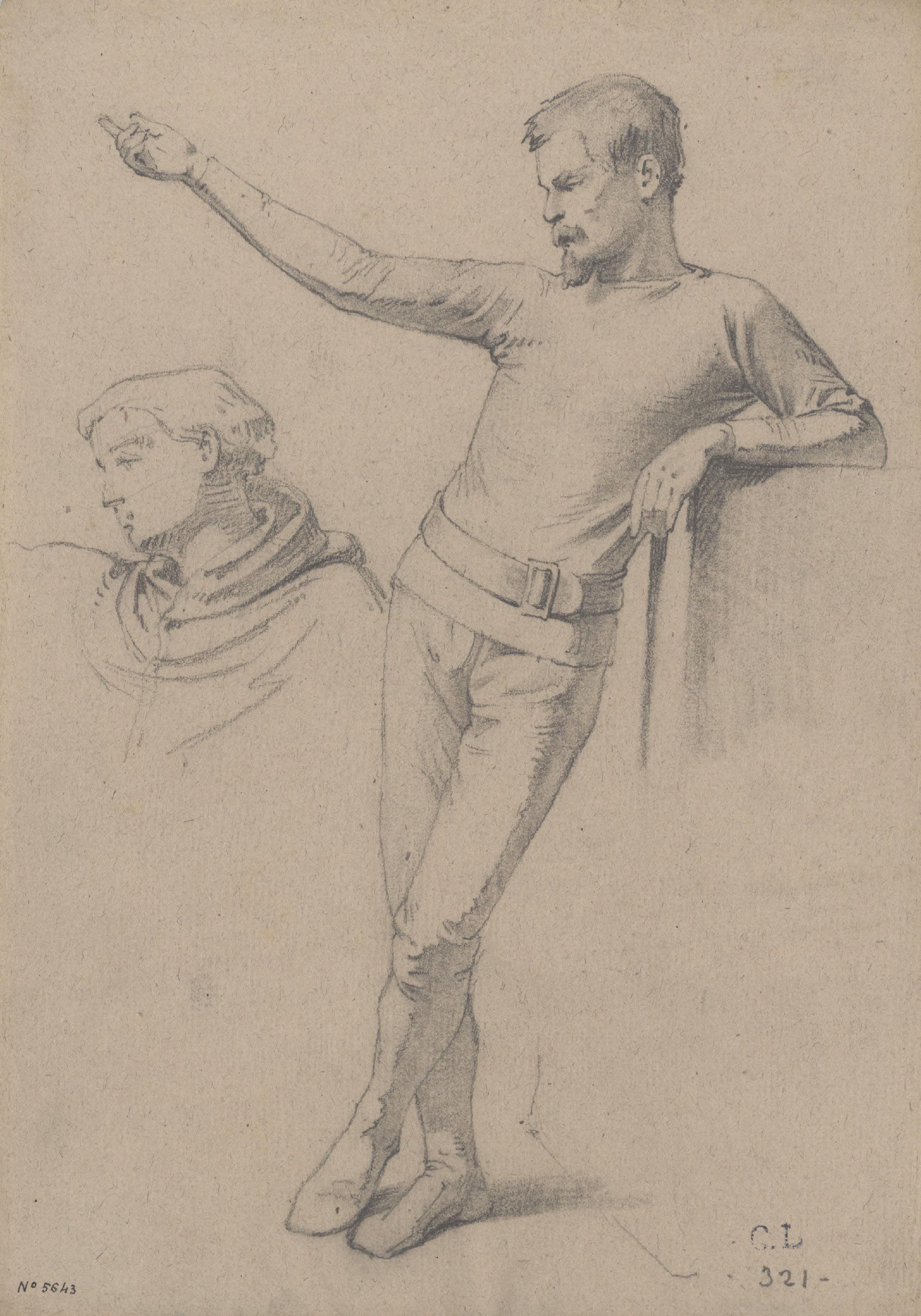 image for: Claudi Lorenzale - Estudi de figura masculina recolzada en un esglaó i un frare - Cap a 1860-1870