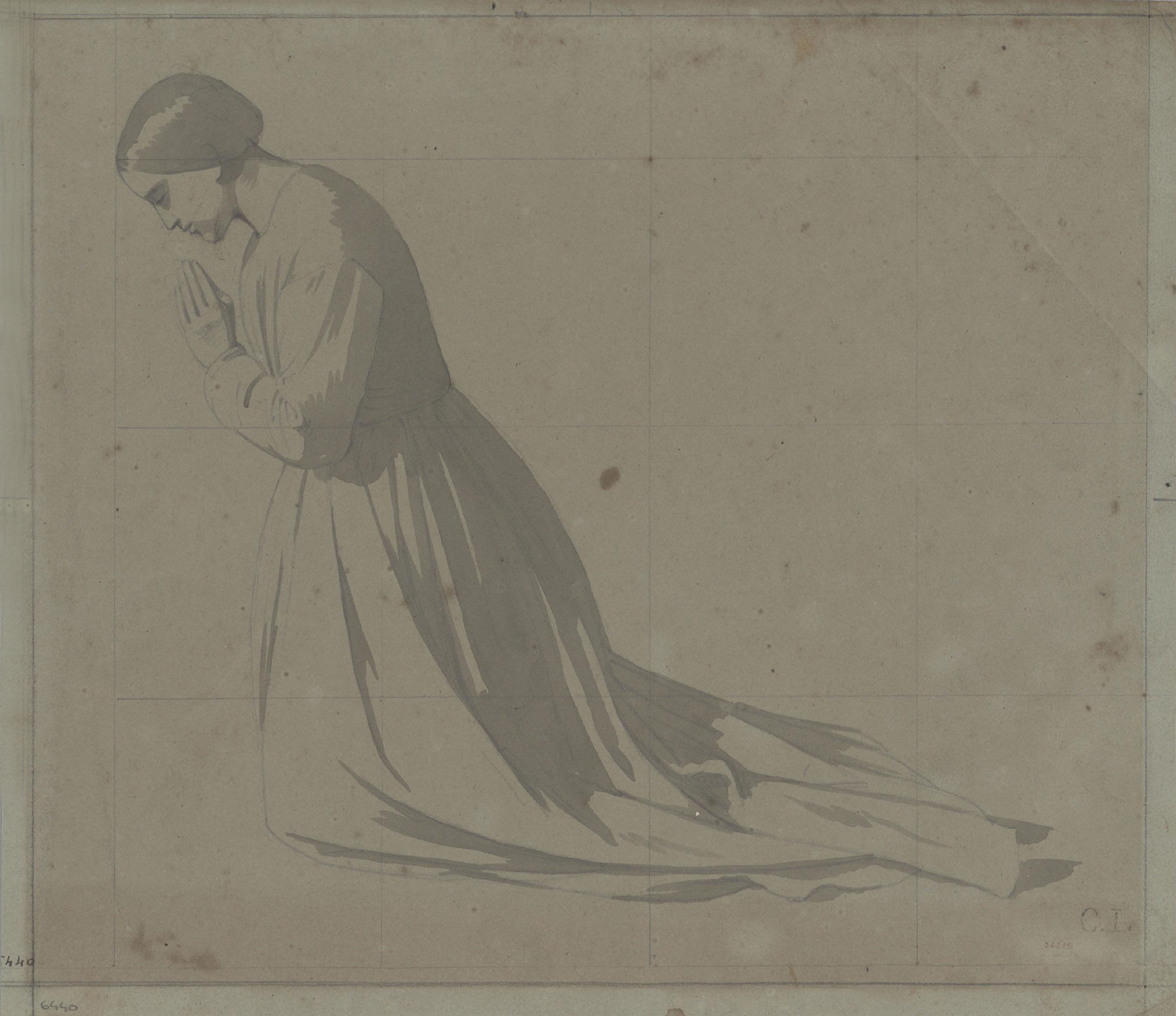 image for: Claudi Lorenzale - Dona jove pregant agenollada - Cap a 1840-1850