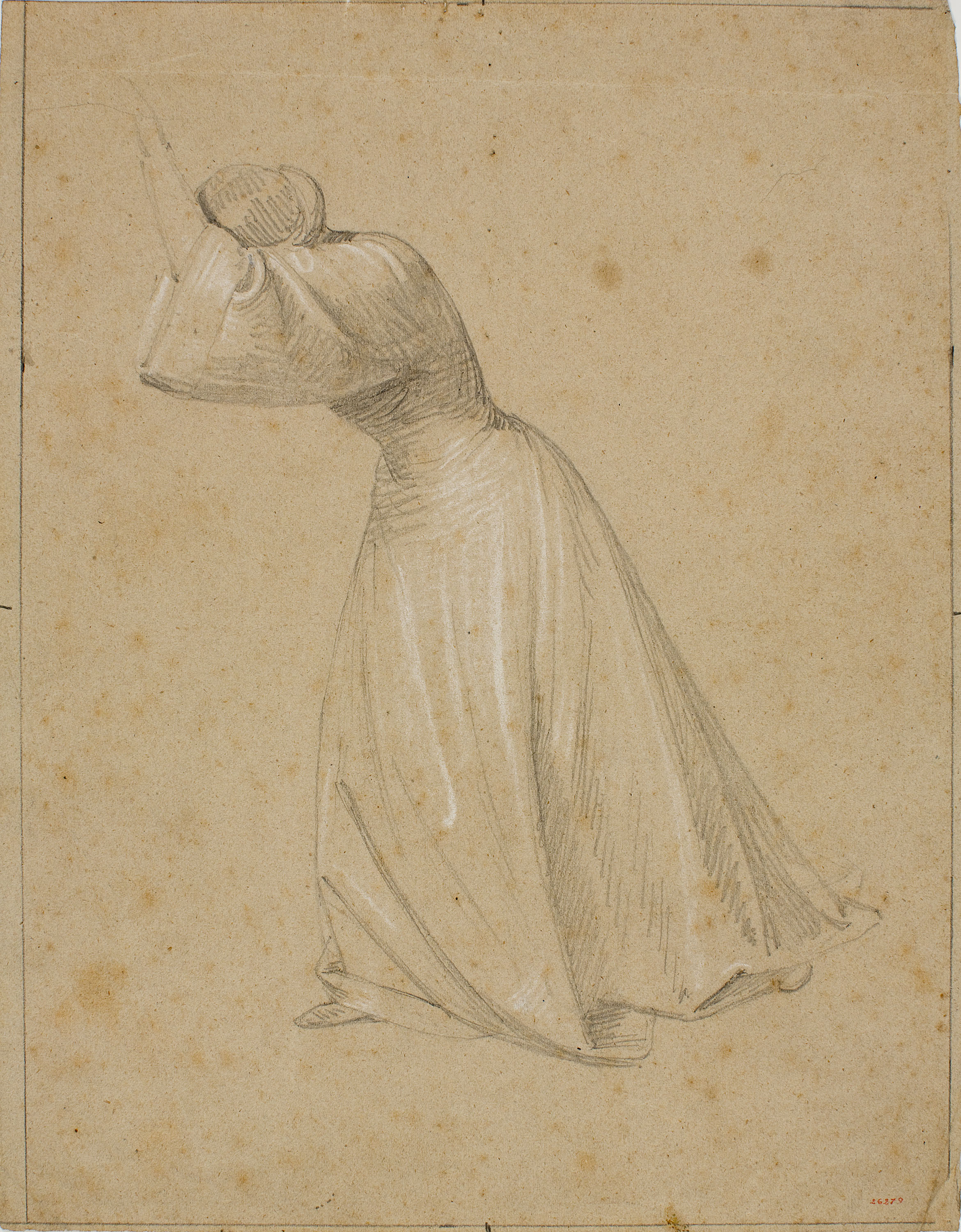 image for: Claudi Lorenzale - Estudi de dona dempeus, amb el cap entre els braços enlairats per al quadre d'episodi històric de la família Centelles (anvers) / Home vell amb nen i estudi de màniga (revers) - Cap a 1850-1855