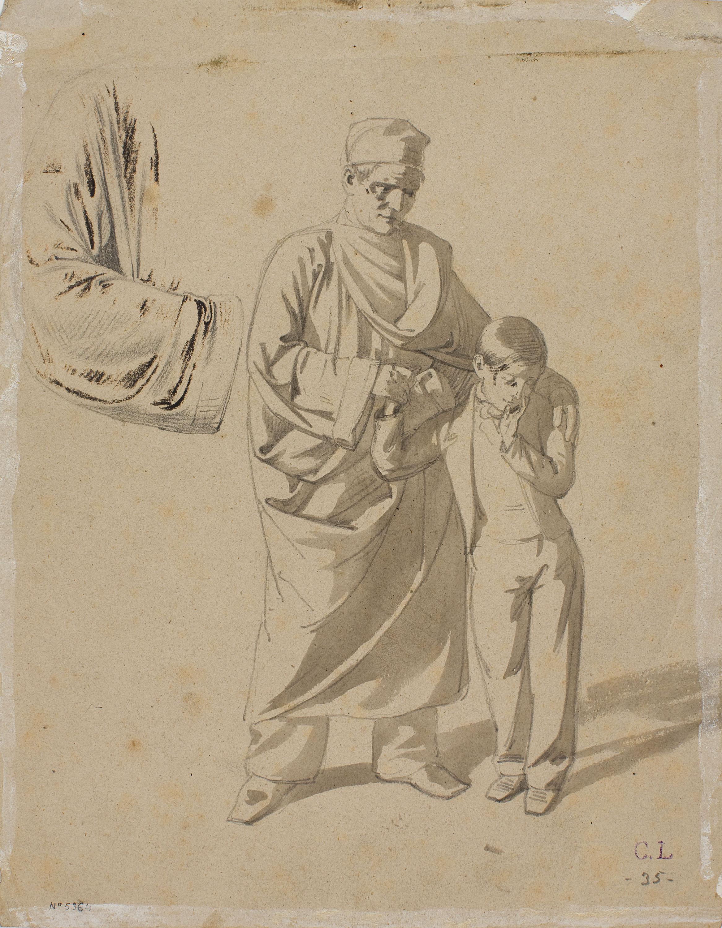 image for: Claudi Lorenzale - Estudi de dona dempeus, amb el cap entre els braços enlairats per al quadre d'episodi històric de la família Centelles (anvers) / Home vell amb nen i estudi de màniga (revers) - Cap a 1850-1855 [1]