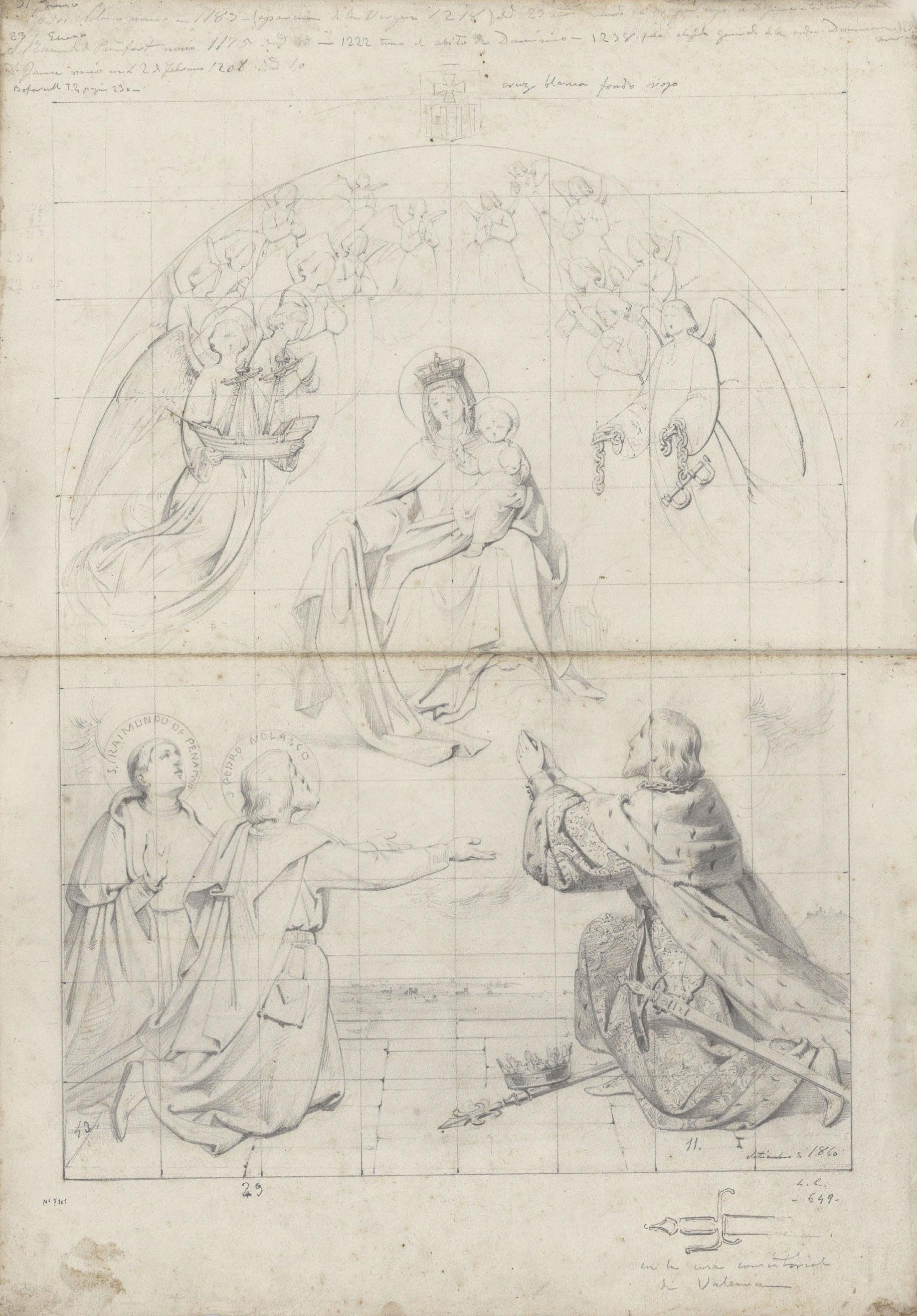 Claudi Lorenzale - Estudi de l'Aparició de la Mare de Déu a Jaume el Conqueridor, sant Pere Nolasc i sant Raimon de Penyafort per al quadre fet per a l'Ajuntament de València (anvers) / Estudi de... - Setembre 1860 image for: Claudi Lorenzale - Estudi de l'Aparició de la Mare de Déu a Jaume el Conqueridor, sant Pere Nolasc i sant Raimon de Penyafort per al quadre fet per a l'Ajuntament de València (anvers) / Estudi de... - Setembre 1860
