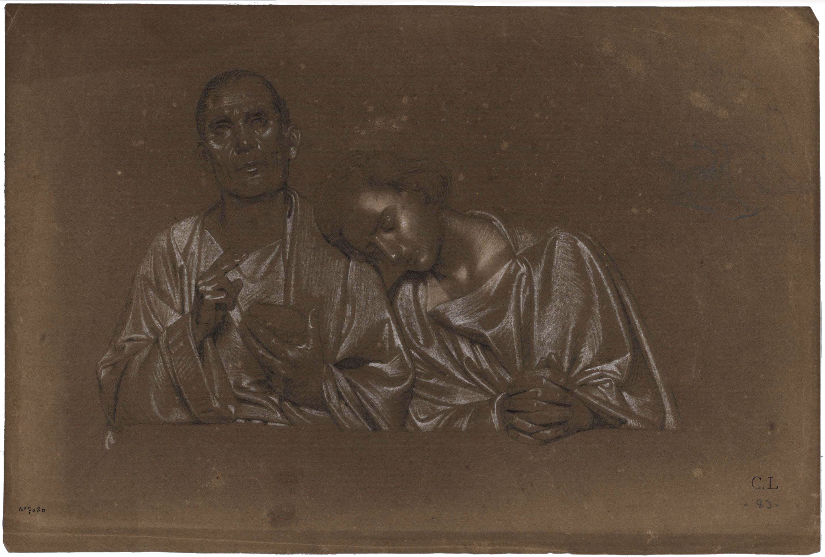 image for: Claudi Lorenzale - Dos homes, un d'ells beneint el menjar. Estudi de composició per a un Sant Sopar [?] - Cap a 1850-1870