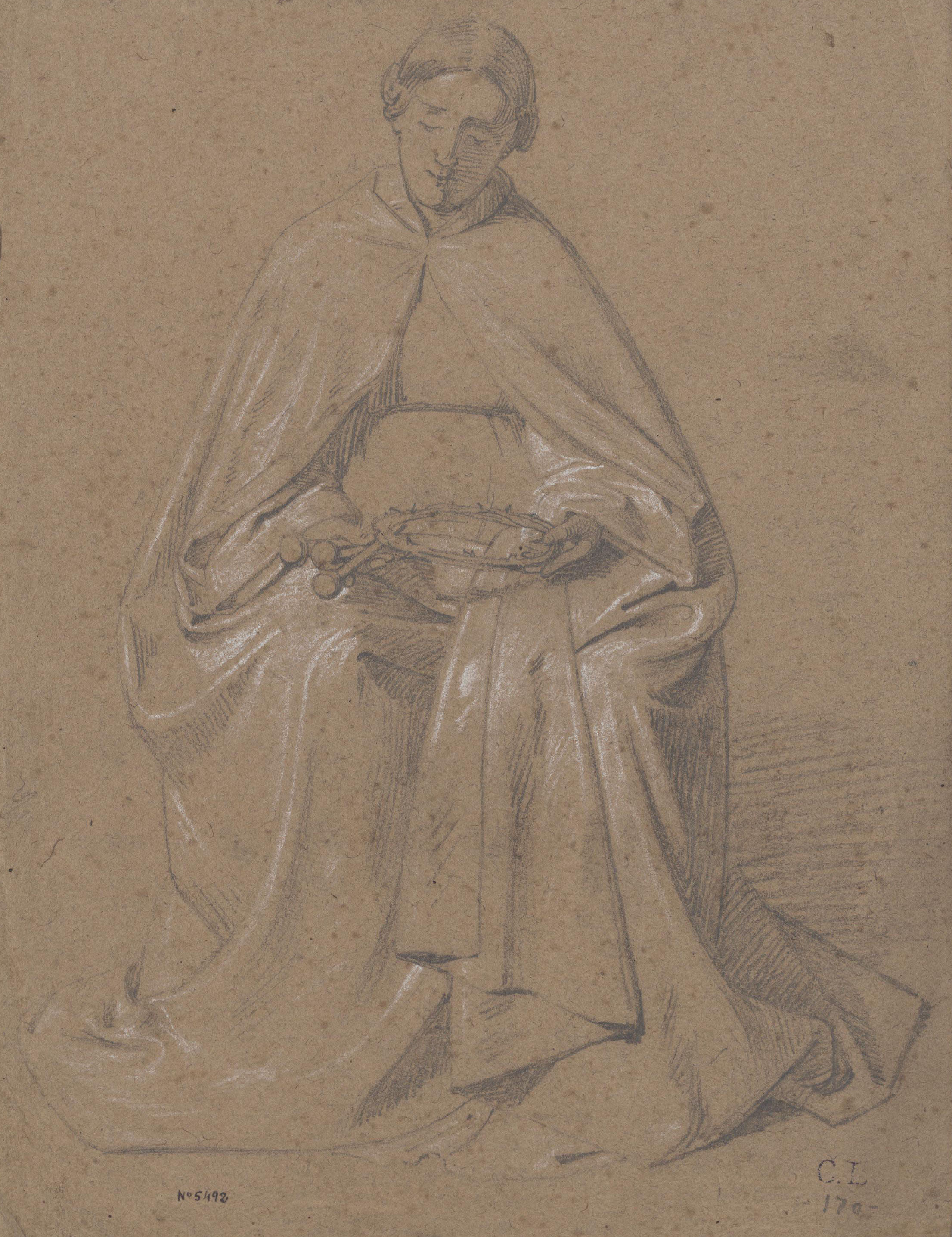 image for: Claudi Lorenzale - Mare de Déu, asseguda, contemplant la corona d'espines i els claus de Crist - Cap a 1850-1870