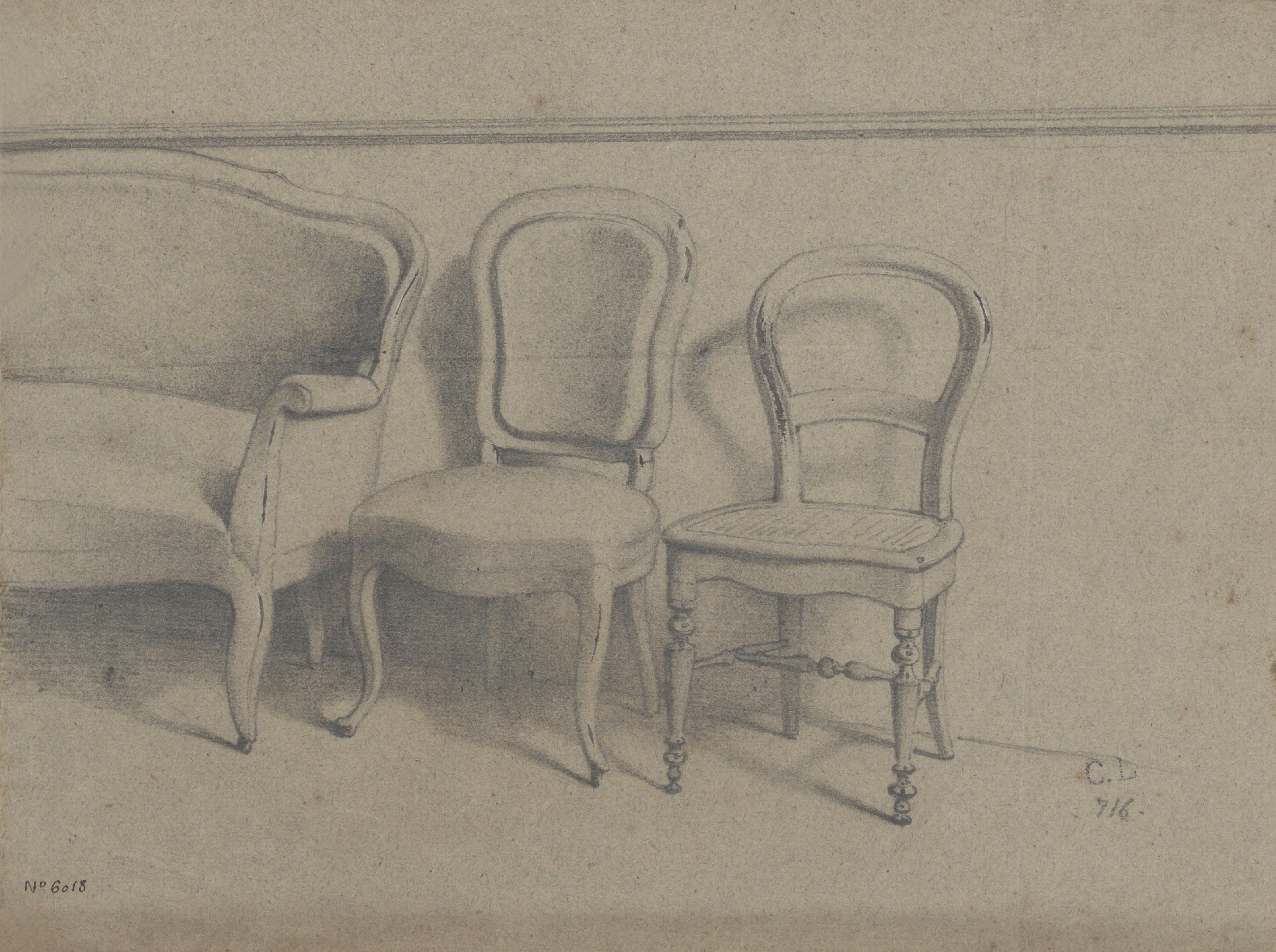 Claudi Lorenzale - Dues cadires i un sofà - Cap a 1860-1880 image for: Claudi Lorenzale - Dues cadires i un sofà - Cap a 1860-1880