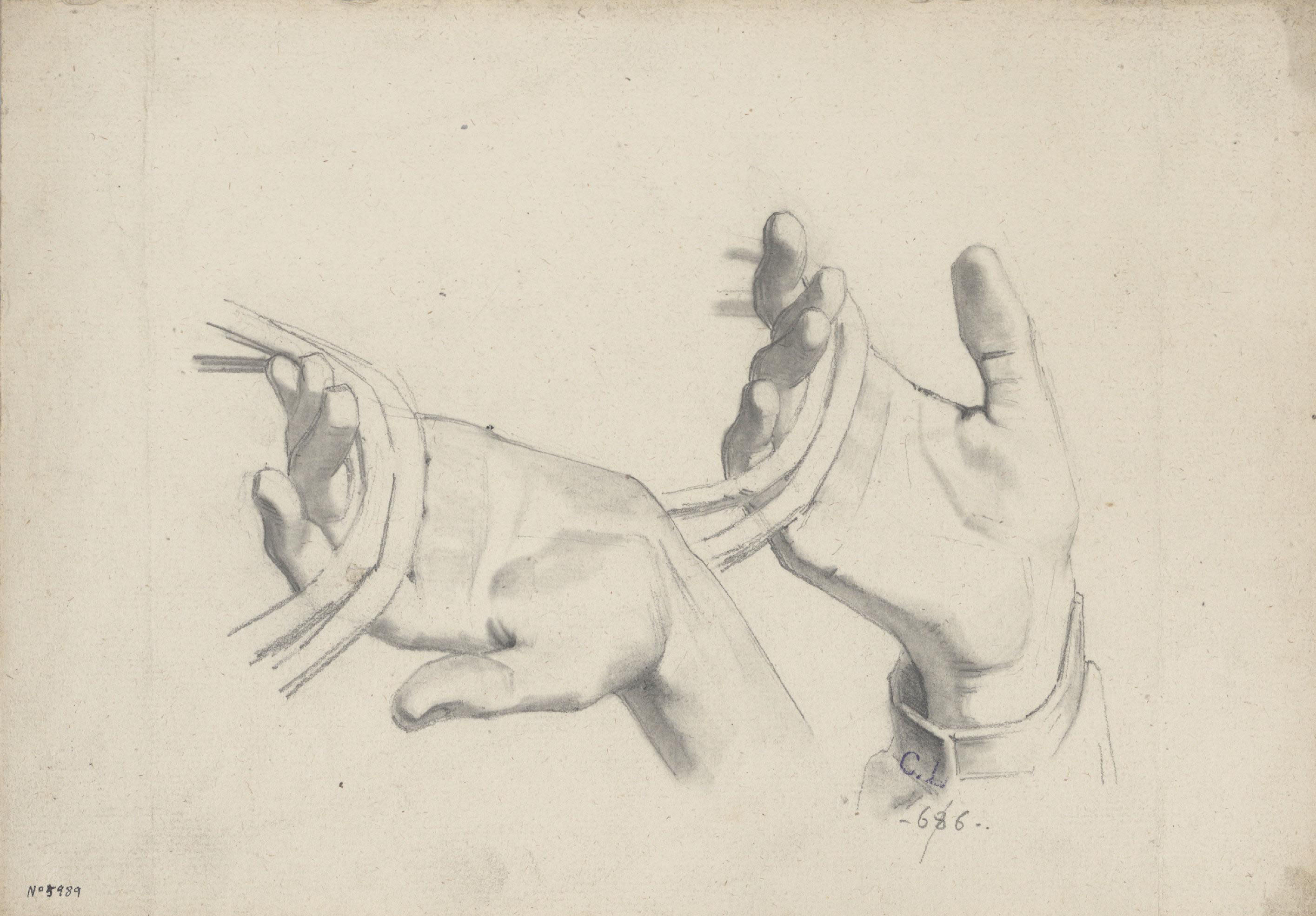 image for: Claudi Lorenzale - Estudi de dues mans sostenint unes brides - Cap a 1850-1870