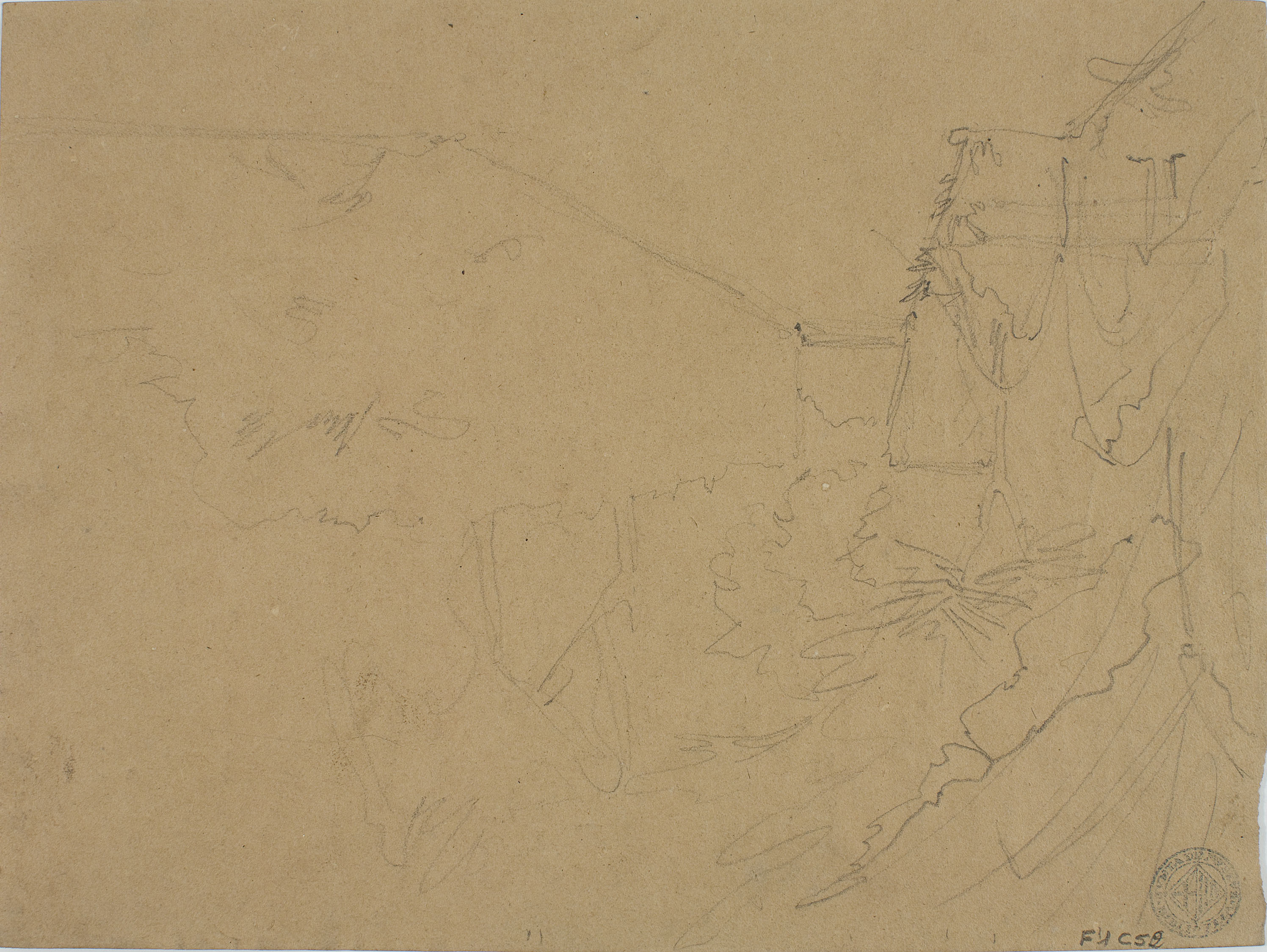 image for: Claudi Lorenzale - Estudi del Monestir de Pedralbes per a la pintura (anvers) / Croquis de paisatge (revers) - Cap a 1840-1850 [1]