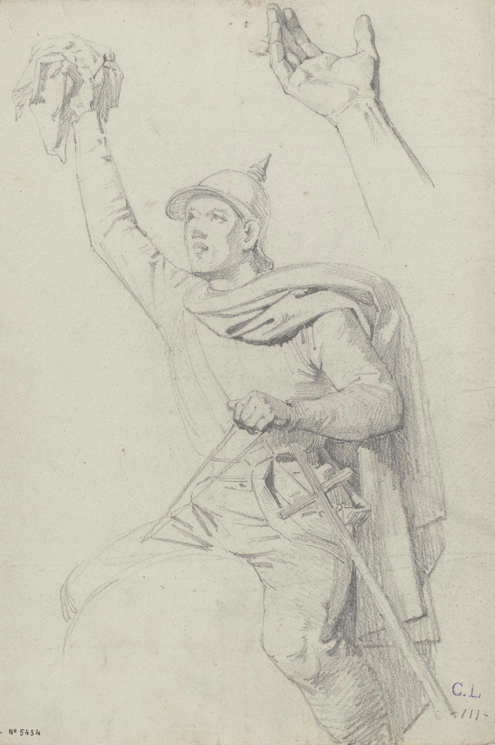 image for: Claudi Lorenzale - Estudi de soldat de cavalleria saludant amb un mocador i estudi de la mà - Cap a 1850-1870