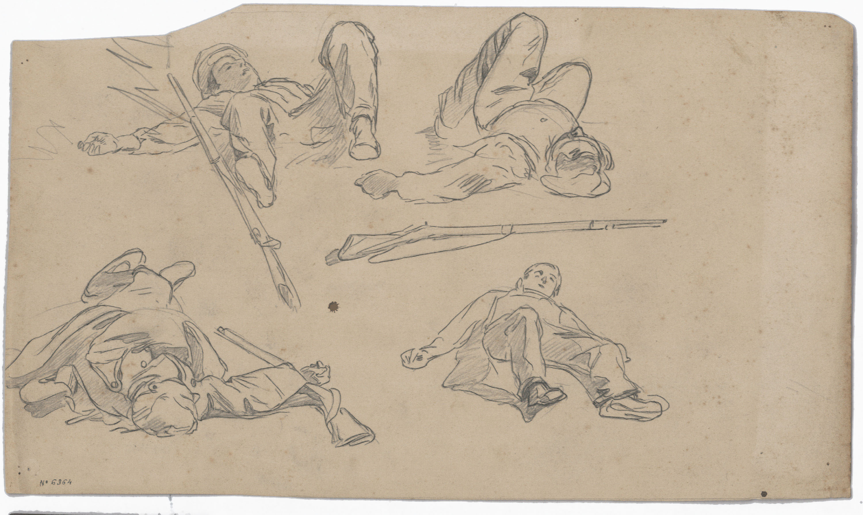 image for: Josep Lluís Pellicer - Estudi de soldats ferits o morts (anvers) / Home vell assegut (revers) - Cap a 1872-1876